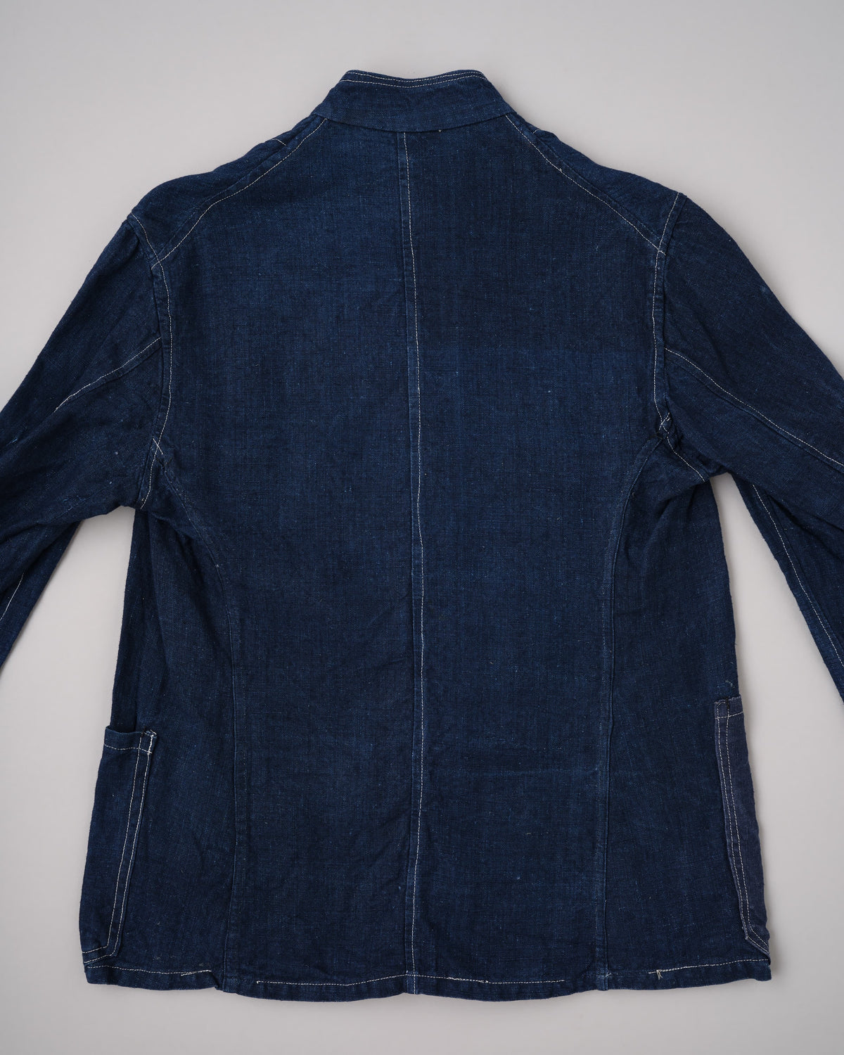 [~30's] French Vintage Indigo Linen Stand Collar Work Jacket