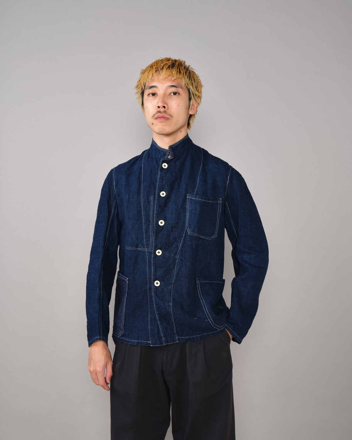 [~30's] French Vintage Indigo Linen Stand Collar Work Jacket