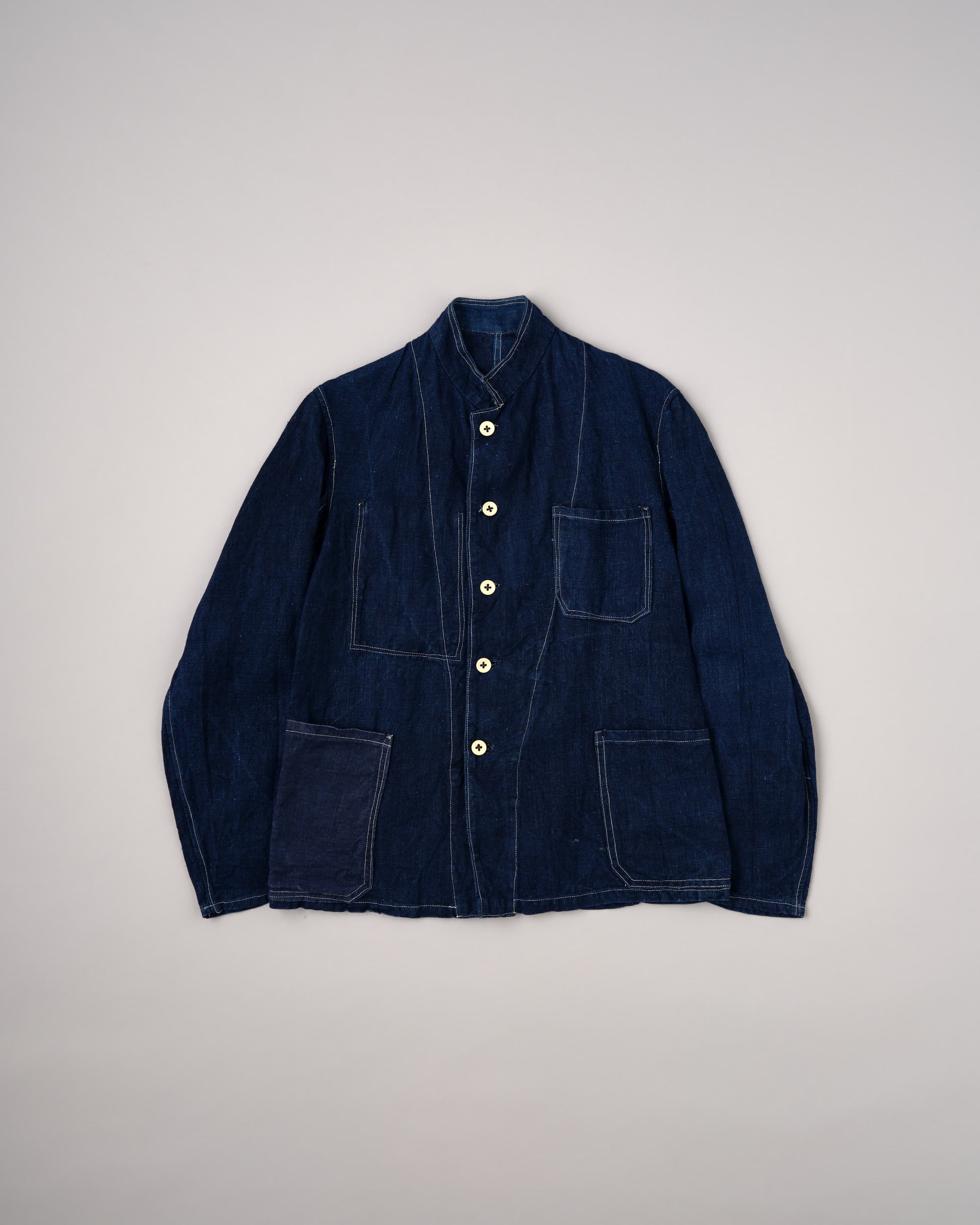 [~30's] French Vintage Indigo Linen Stand Collar Work Jacket