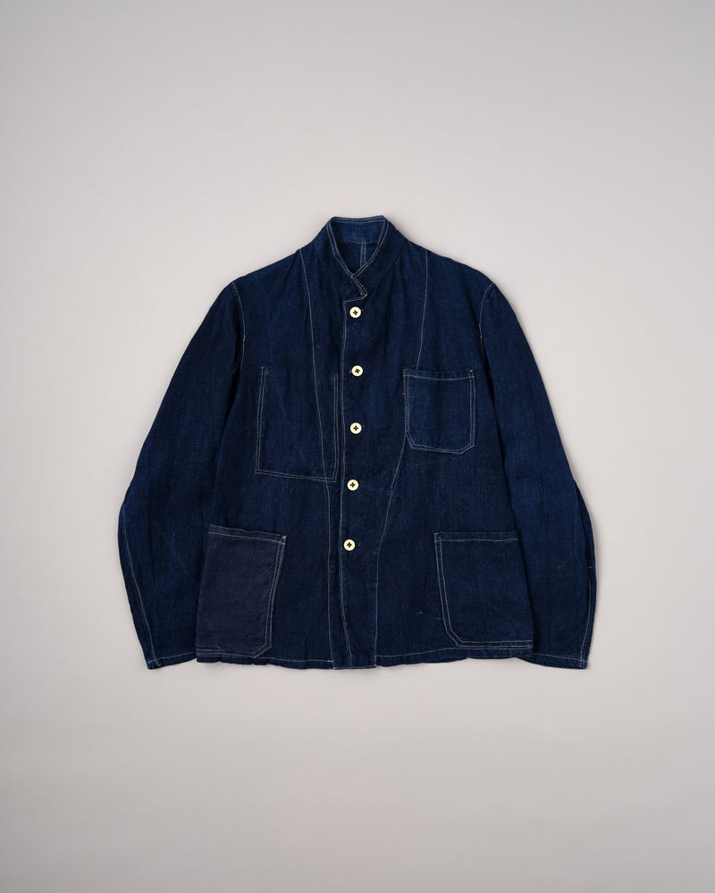 【~30's】French Vintage Indigo Linen Stand Collar Work Jacket