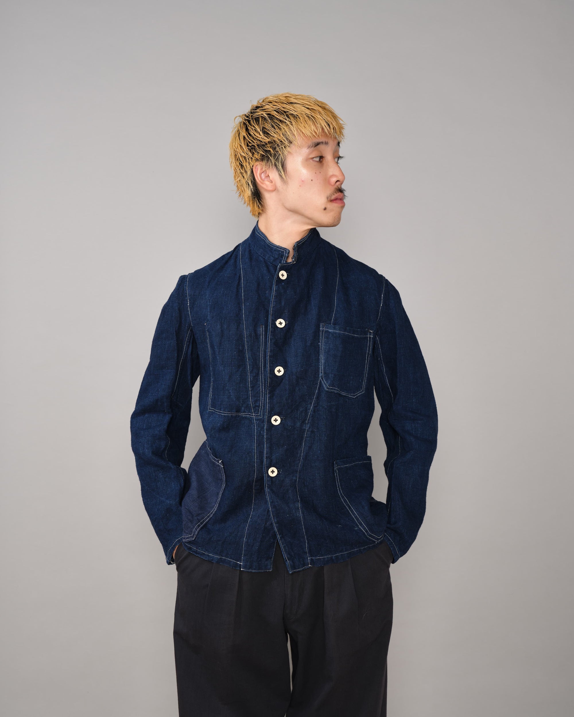 [~30's] French Vintage Indigo Linen Stand Collar Work Jacket