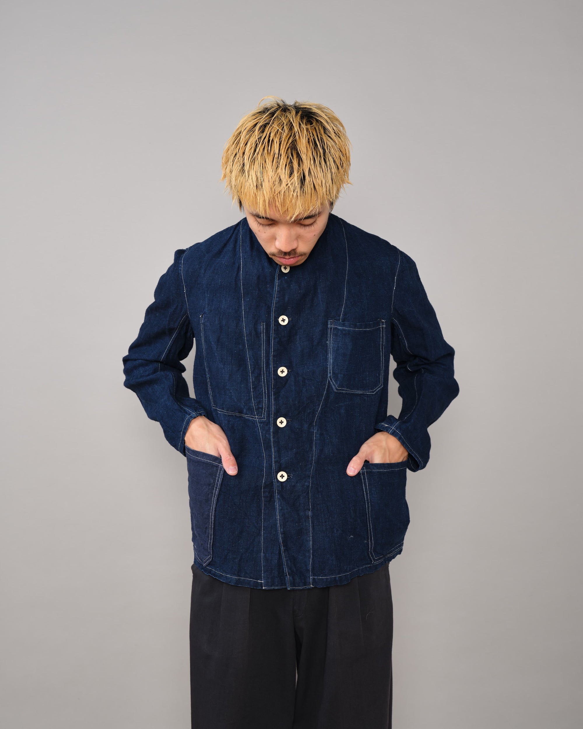 [~30's] French Vintage Indigo Linen Stand Collar Work Jacket