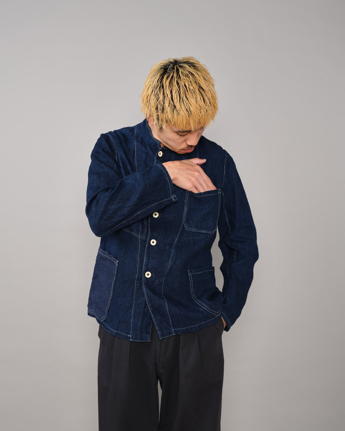 [~30's] French Vintage Indigo Linen Stand Collar Work Jacket
