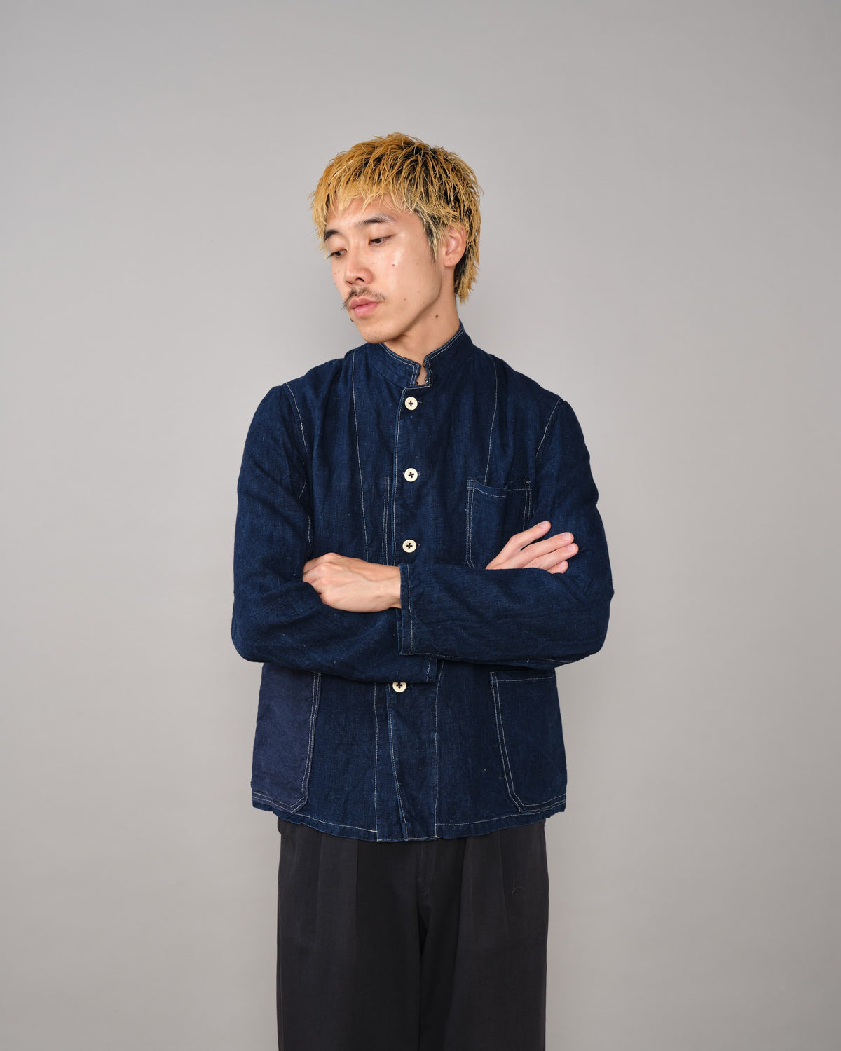 [~30's] French Vintage Indigo Linen Stand Collar Work Jacket