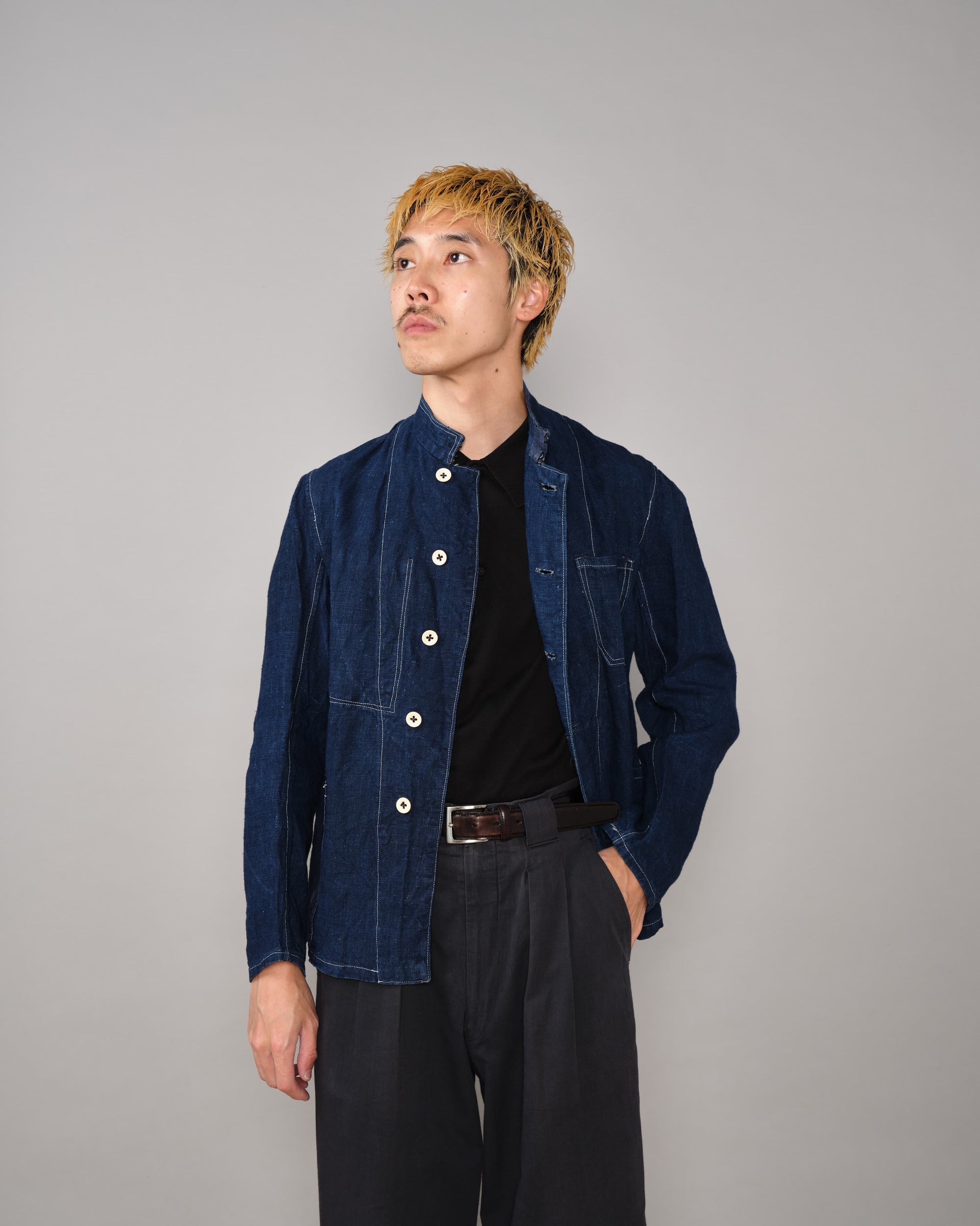 [~30's] French Vintage Indigo Linen Stand Collar Work Jacket