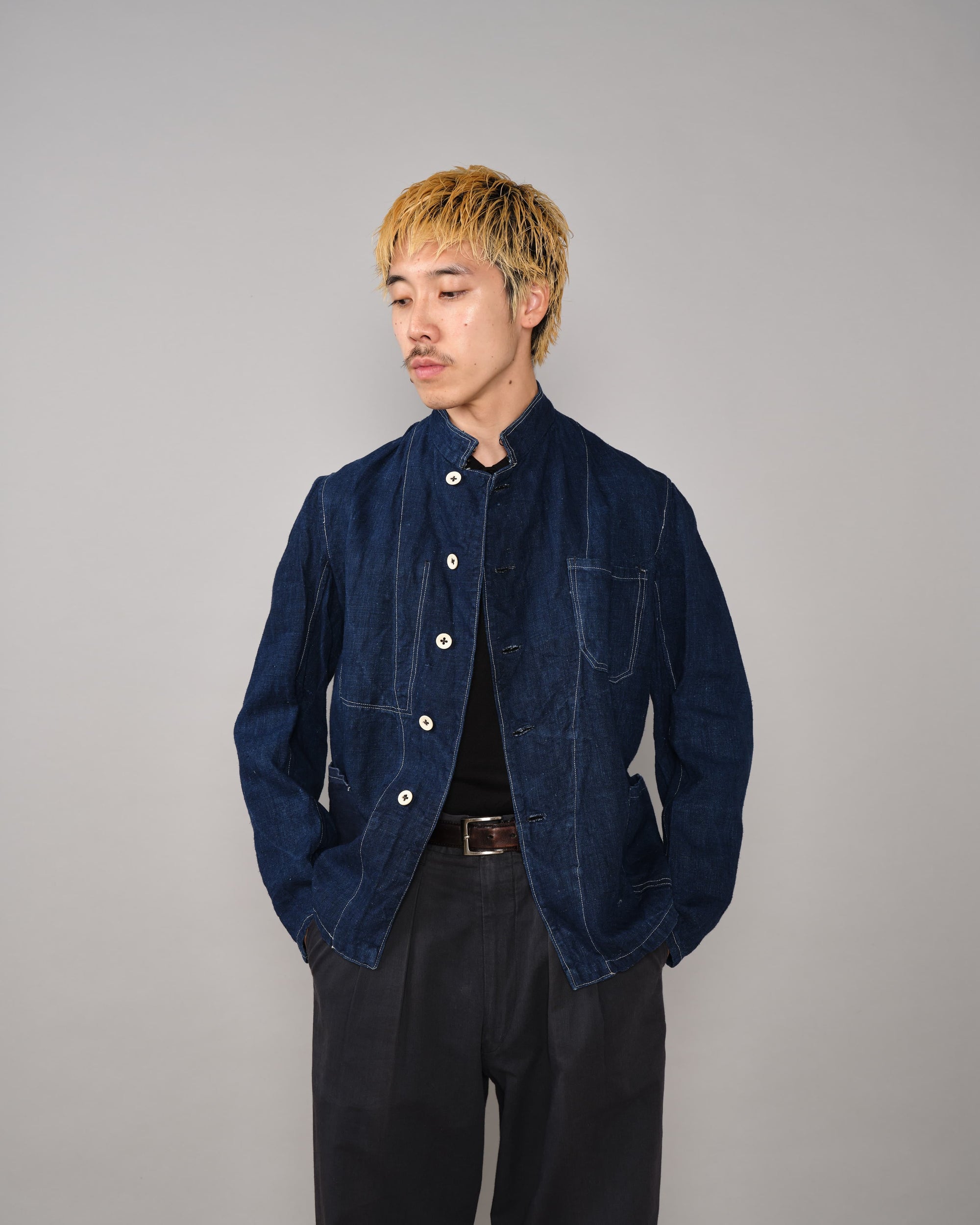 [~30's] French Vintage Indigo Linen Stand Collar Work Jacket