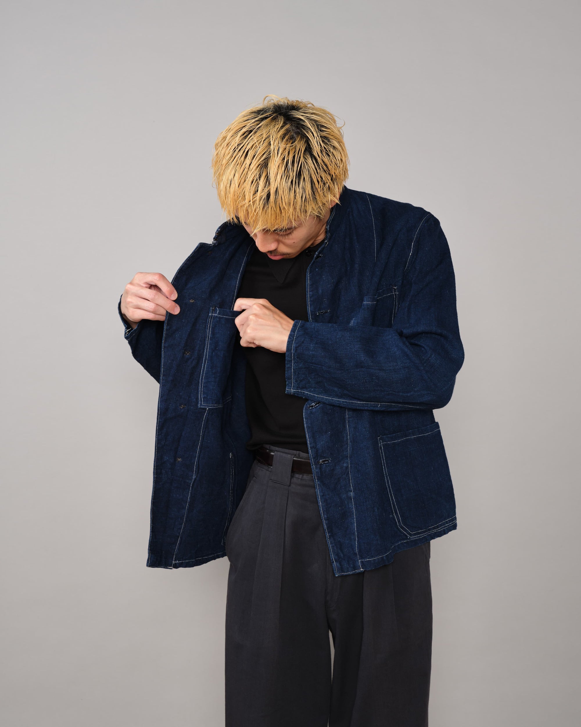 [~30's] French Vintage Indigo Linen Stand Collar Work Jacket