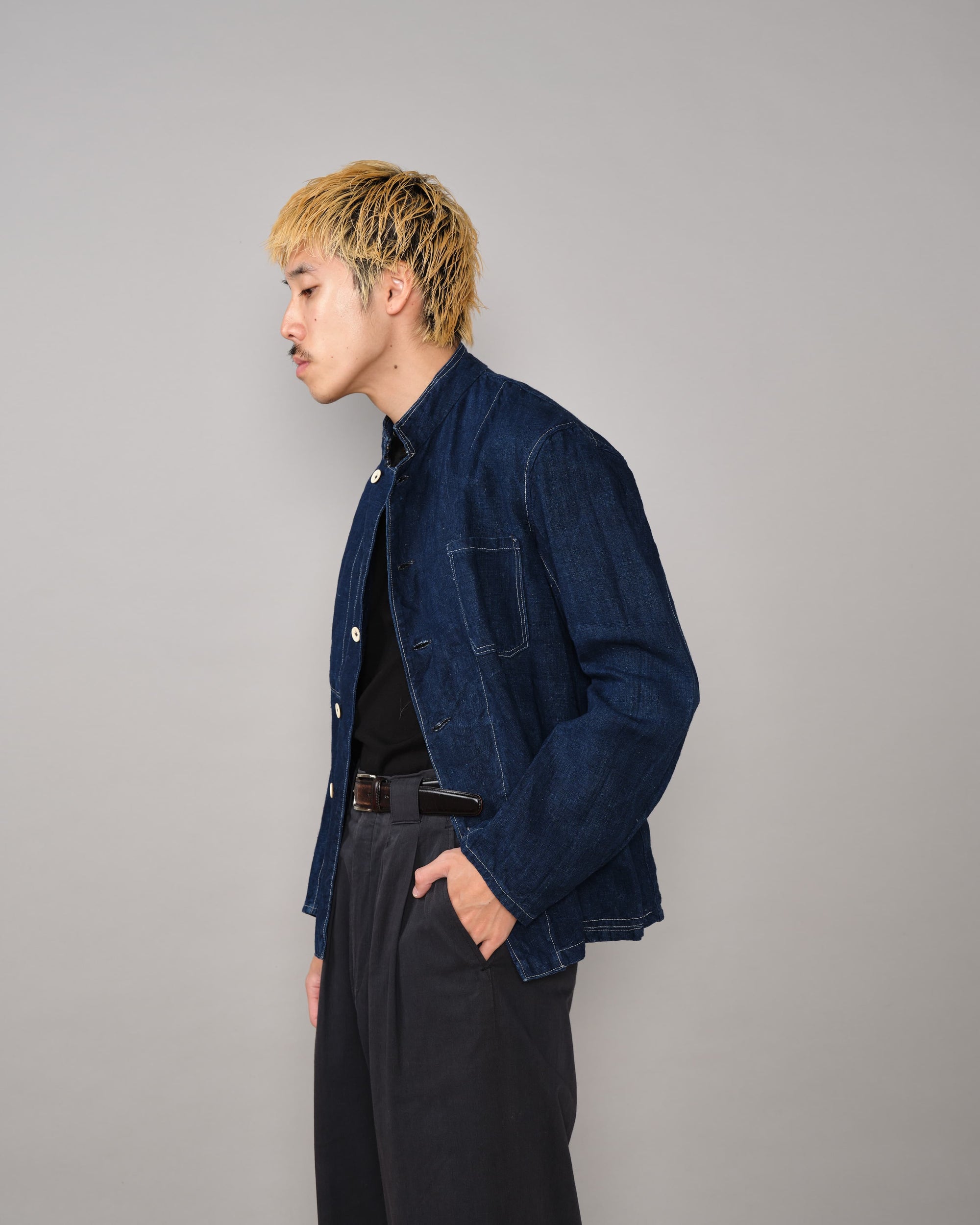 [~30's] French Vintage Indigo Linen Stand Collar Work Jacket