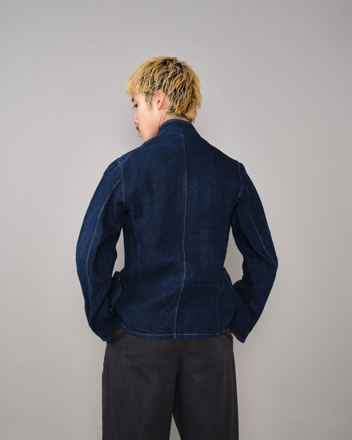 [~30's] French Vintage Indigo Linen Stand Collar Work Jacket