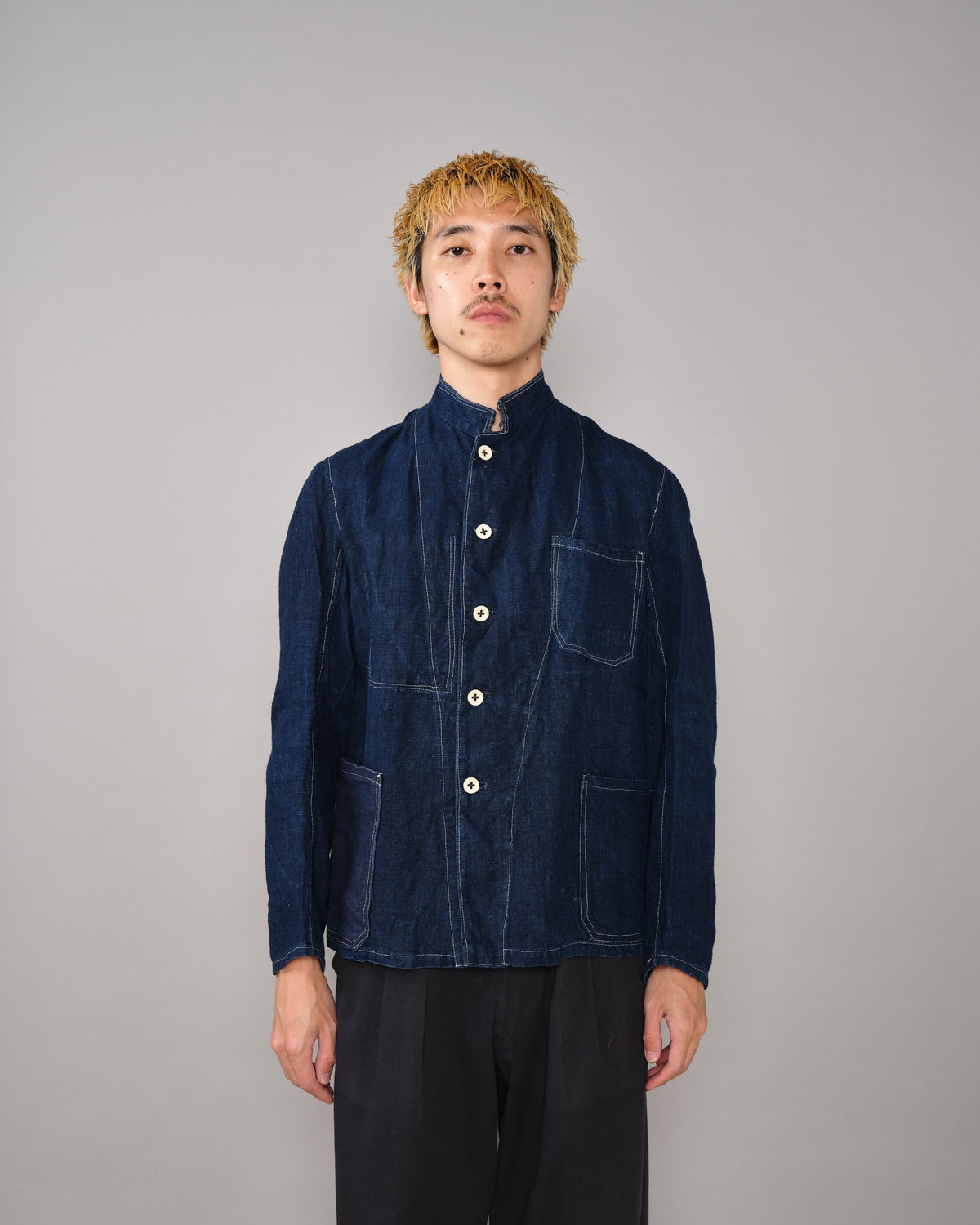 [~30's] French Vintage Indigo Linen Stand Collar Work Jacket
