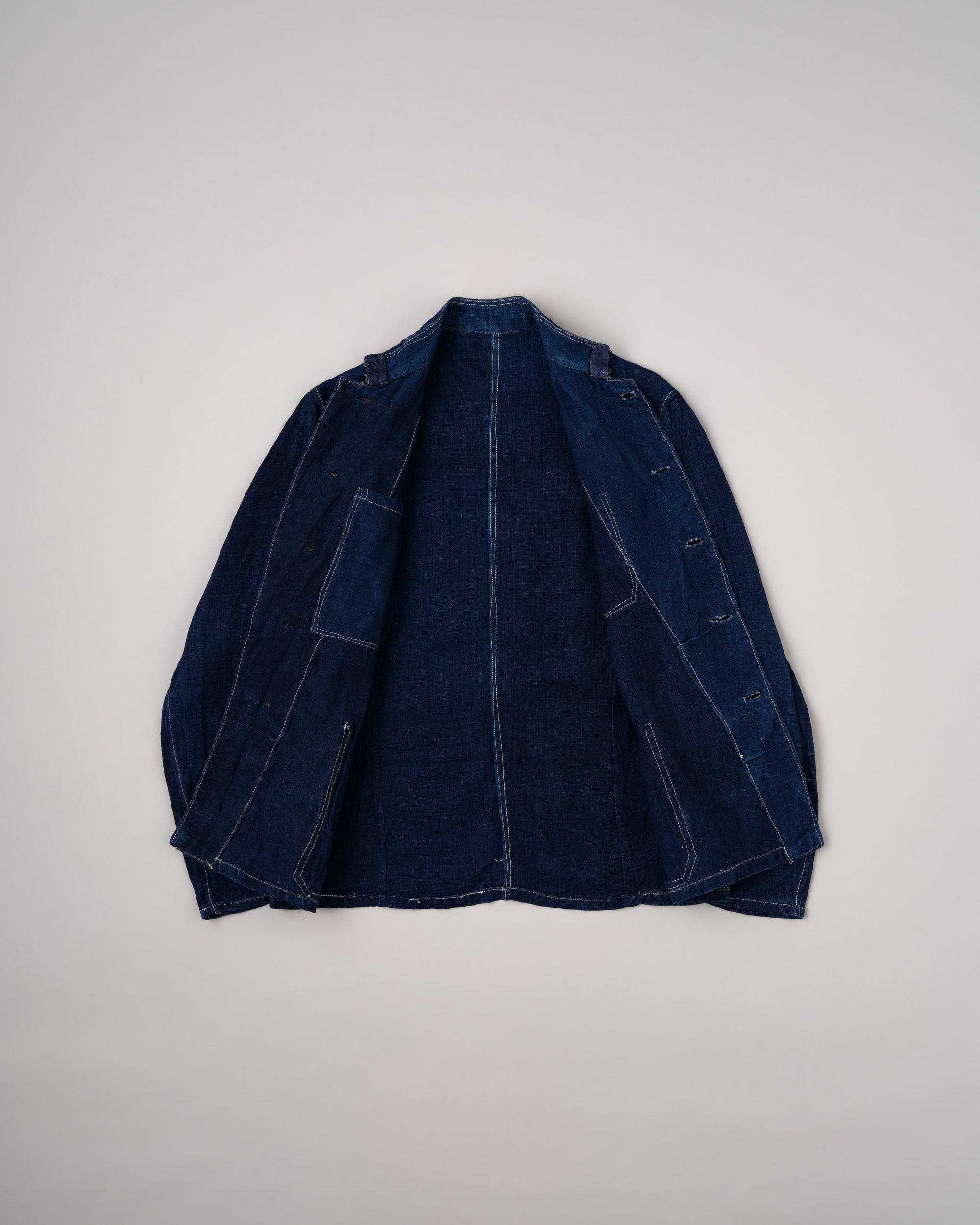 [~30's] French Vintage Indigo Linen Stand Collar Work Jacket