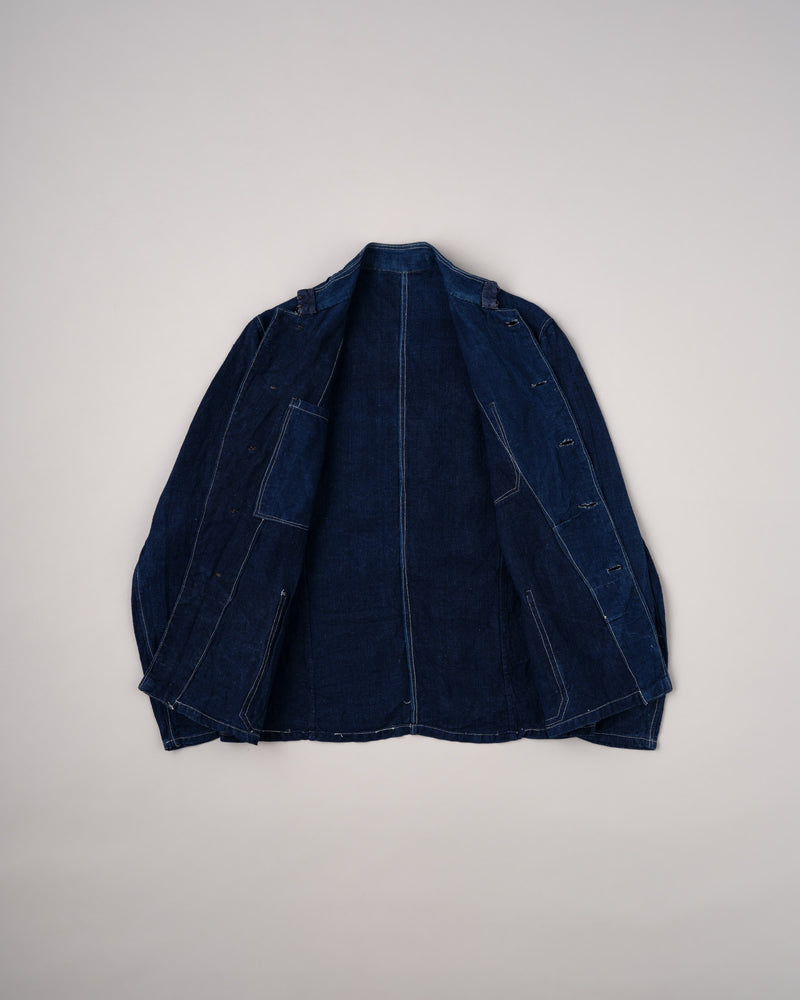 【~30's】French Vintage Indigo Linen Stand Collar Work Jacket