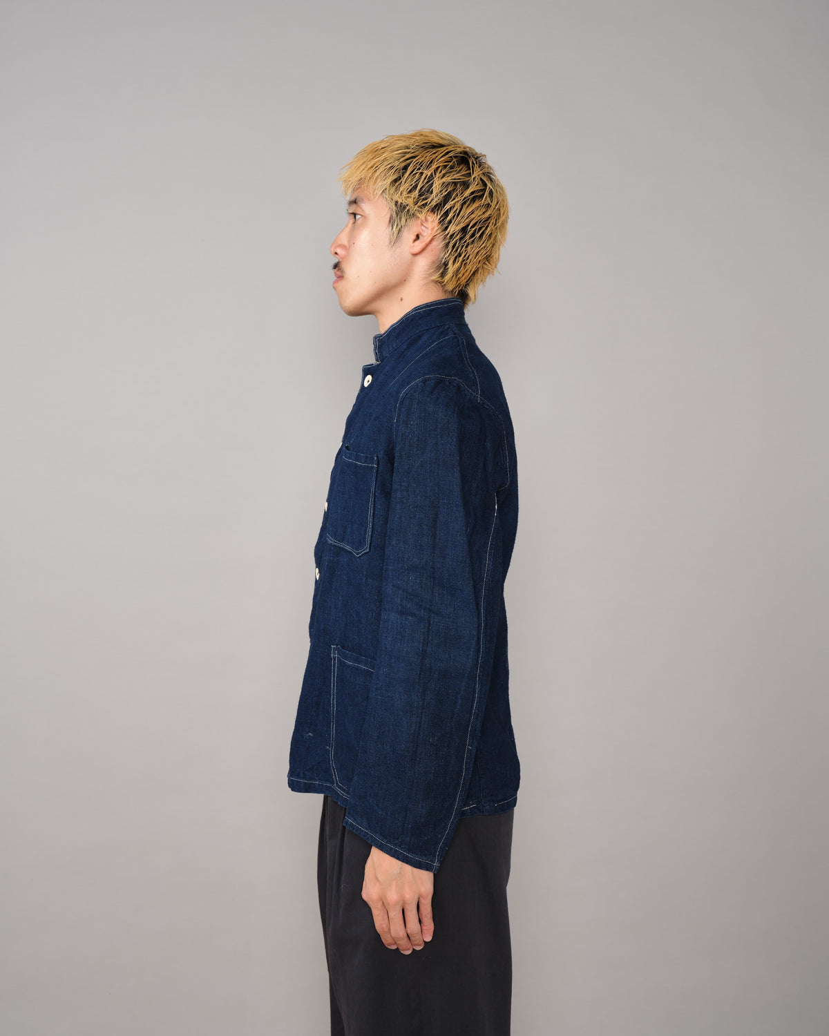 [~30's] French Vintage Indigo Linen Stand Collar Work Jacket