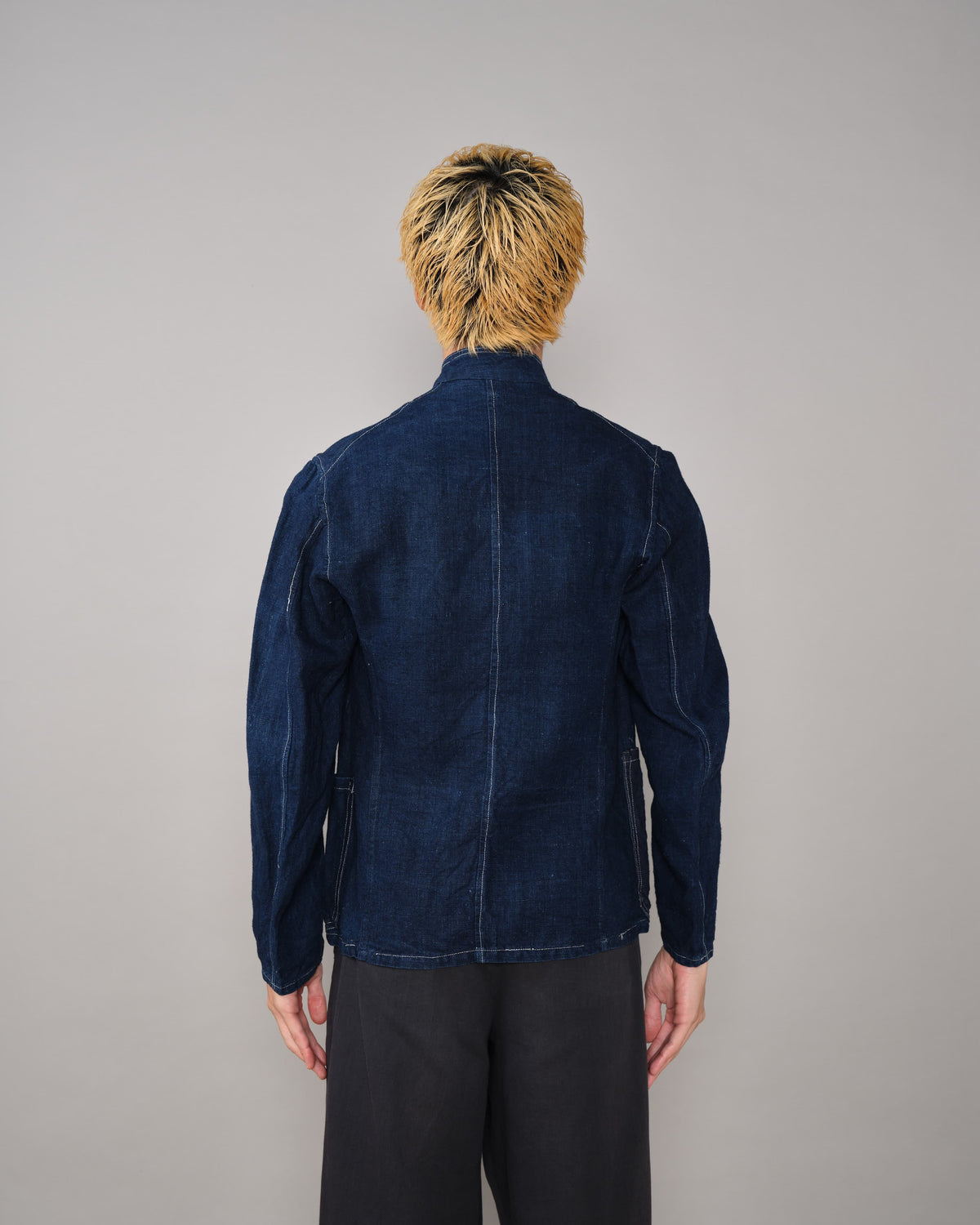 [~30's] French Vintage Indigo Linen Stand Collar Work Jacket