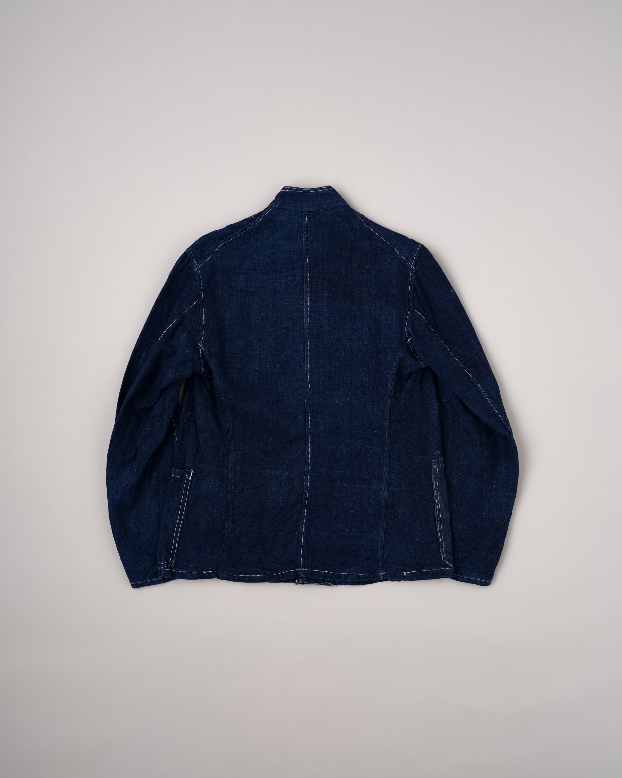 [~30's] French Vintage Indigo Linen Stand Collar Work Jacket