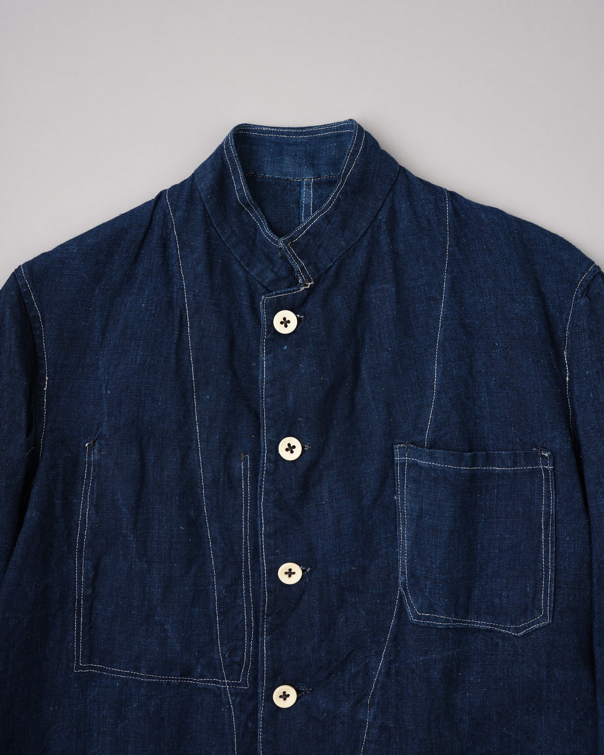[~30's] French Vintage Indigo Linen Stand Collar Work Jacket