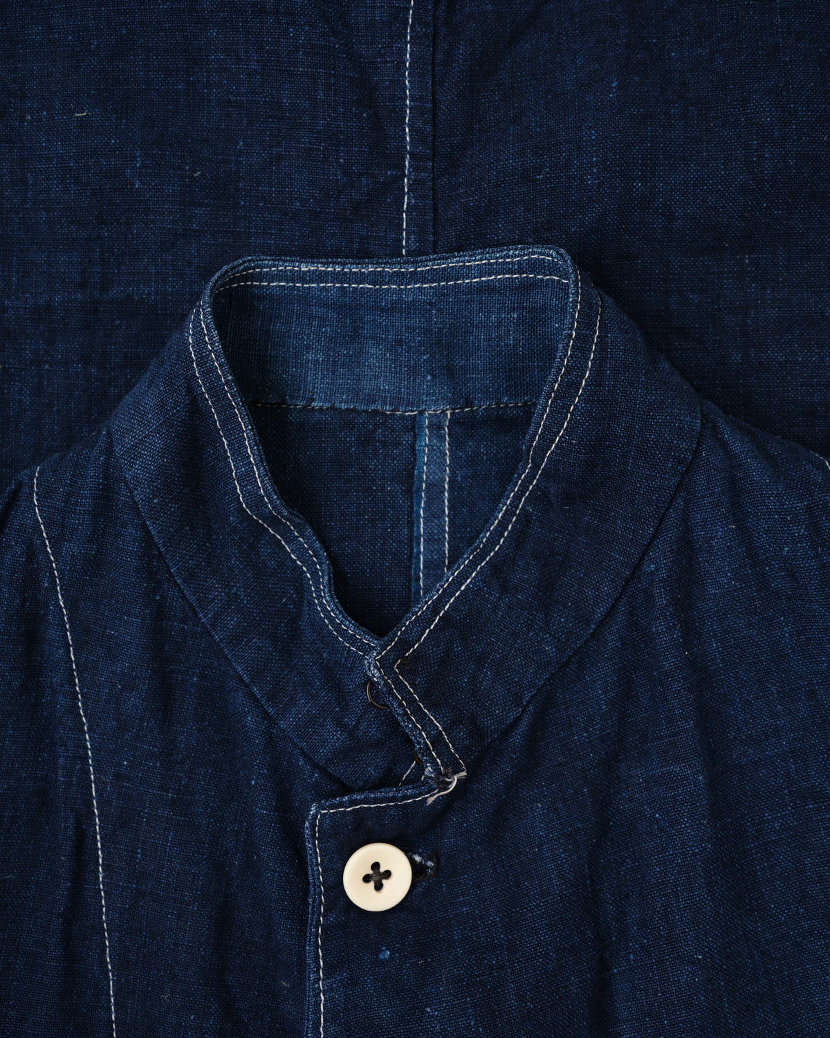 [~30's] French Vintage Indigo Linen Stand Collar Work Jacket