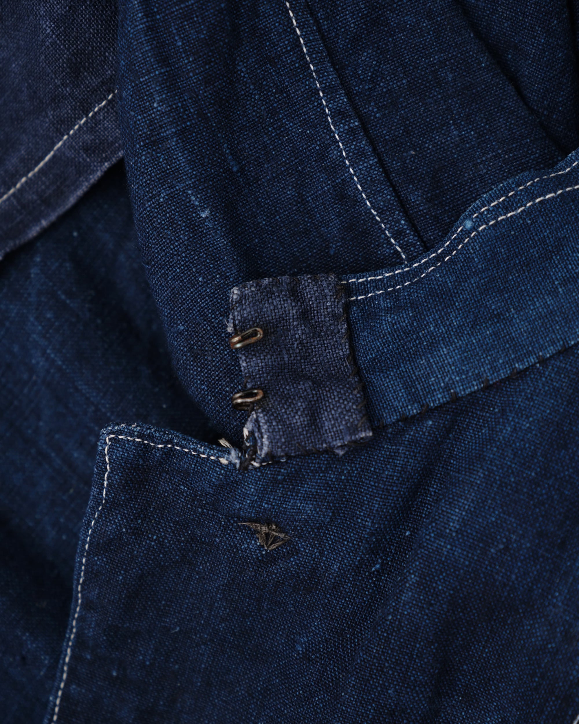 [~30's] French Vintage Indigo Linen Stand Collar Work Jacket
