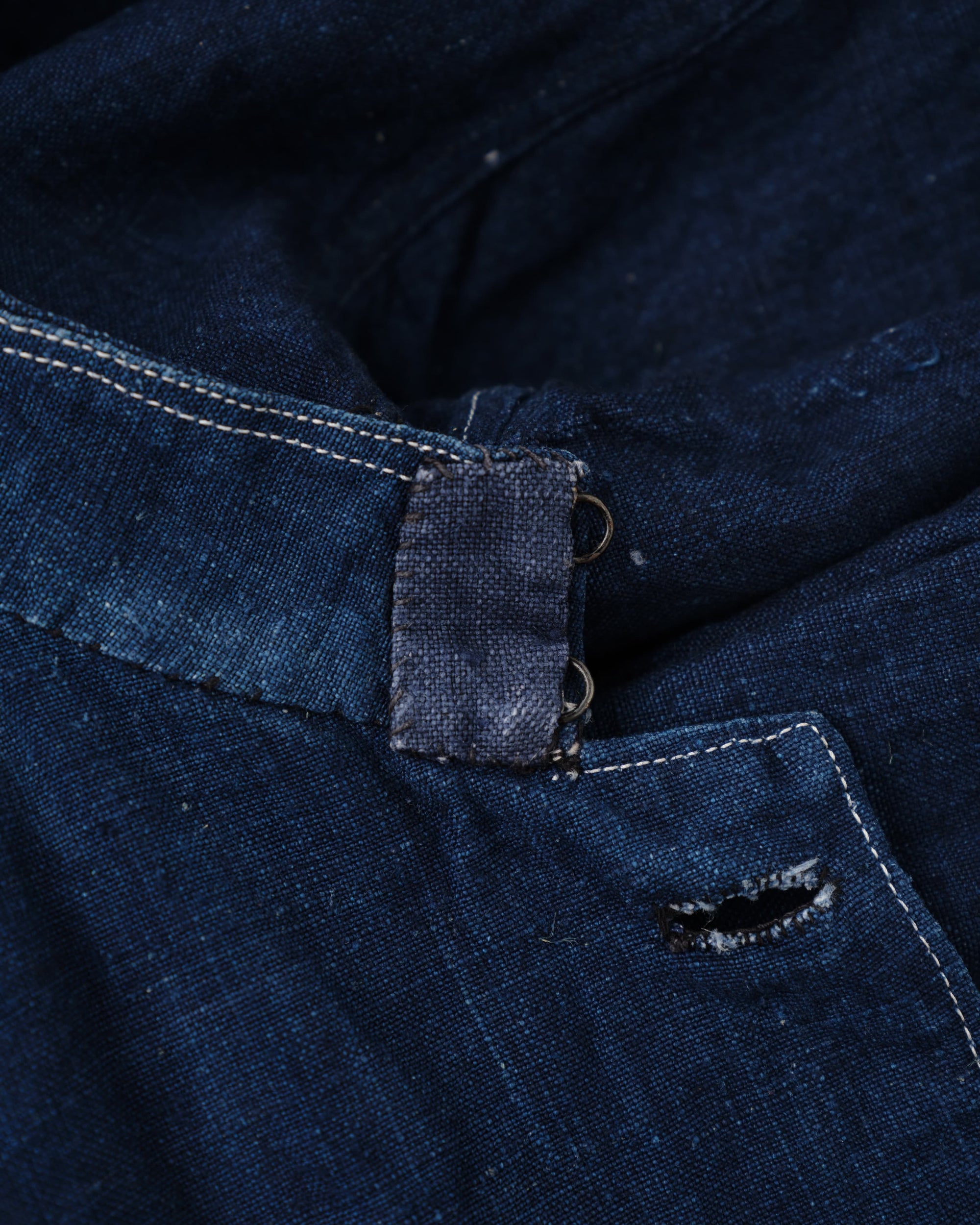 [~30's] French Vintage Indigo Linen Stand Collar Work Jacket