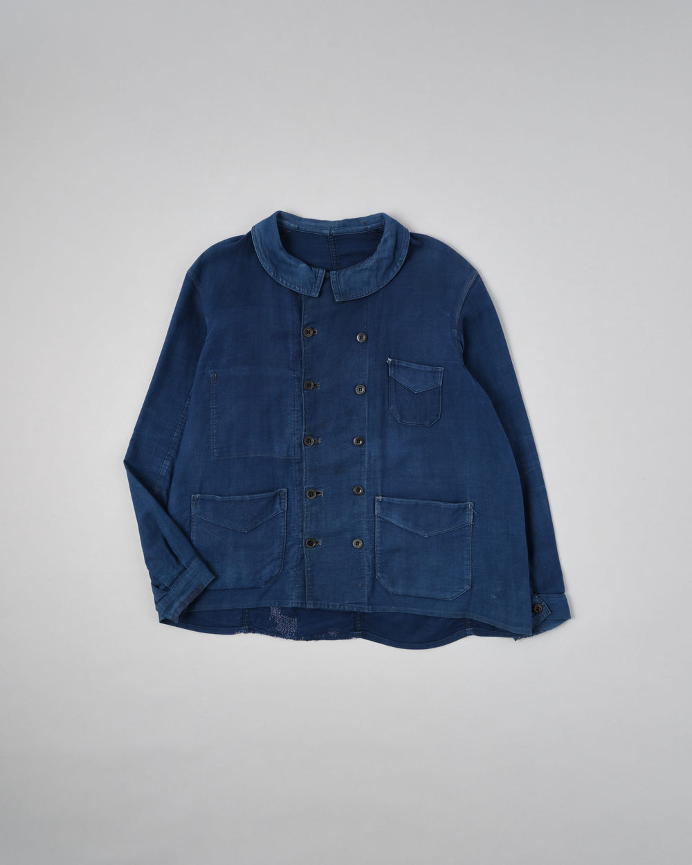 【~30's】French Vintage Deep Blue Cotton Thin Twill Double Breasted Work Jacket "12 Buttons" "Homemade"