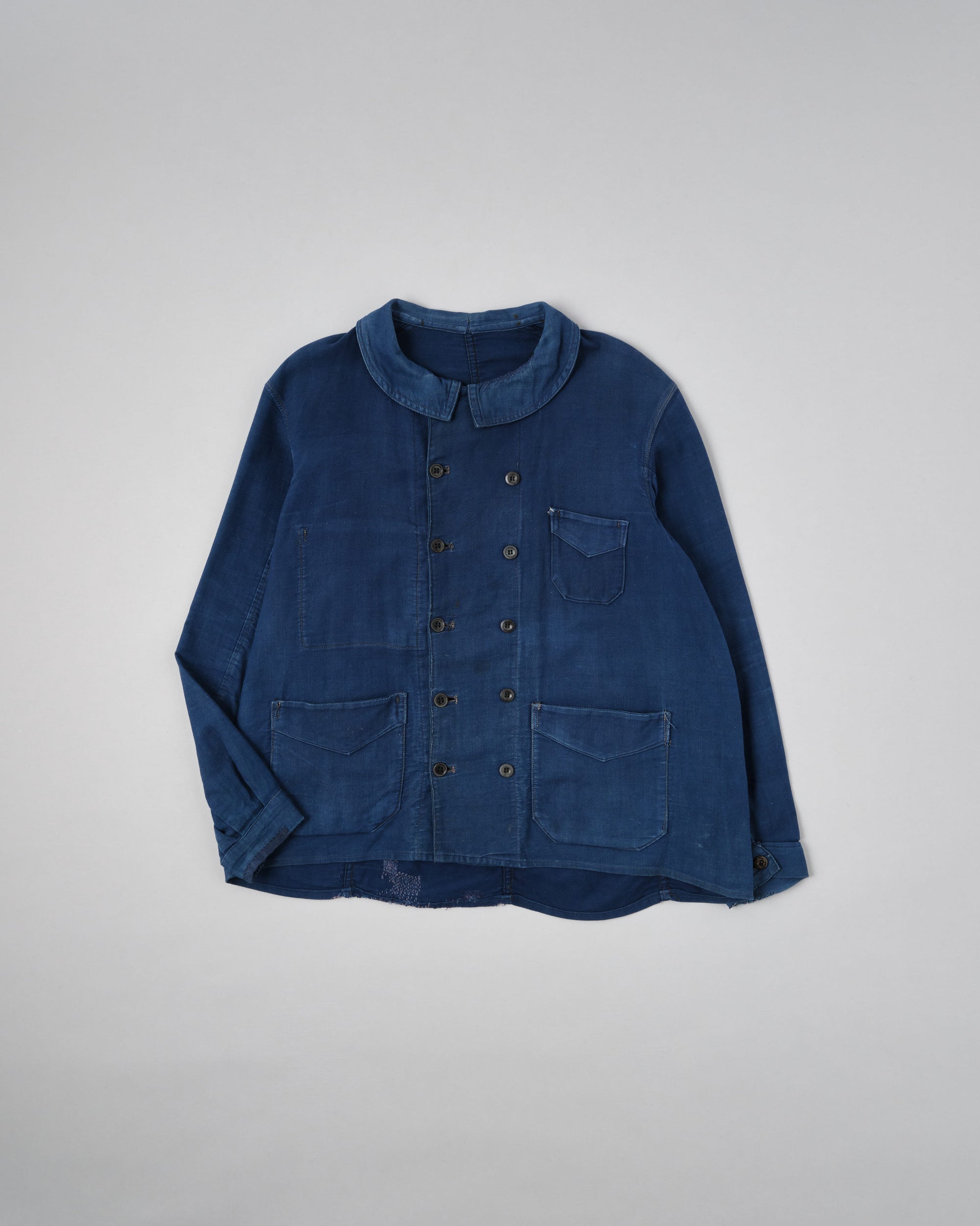 ［~30's］French Vintage Deep Blue Cotton Thin Twill Double Breasted Work Jacket "12 Buttons" "Homemade"