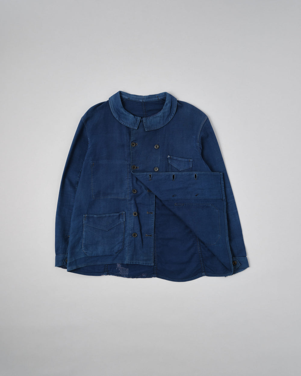 【~30's】French Vintage Deep Blue Cotton Thin Twill Double Breasted Work Jacket "12 Buttons" "Homemade"