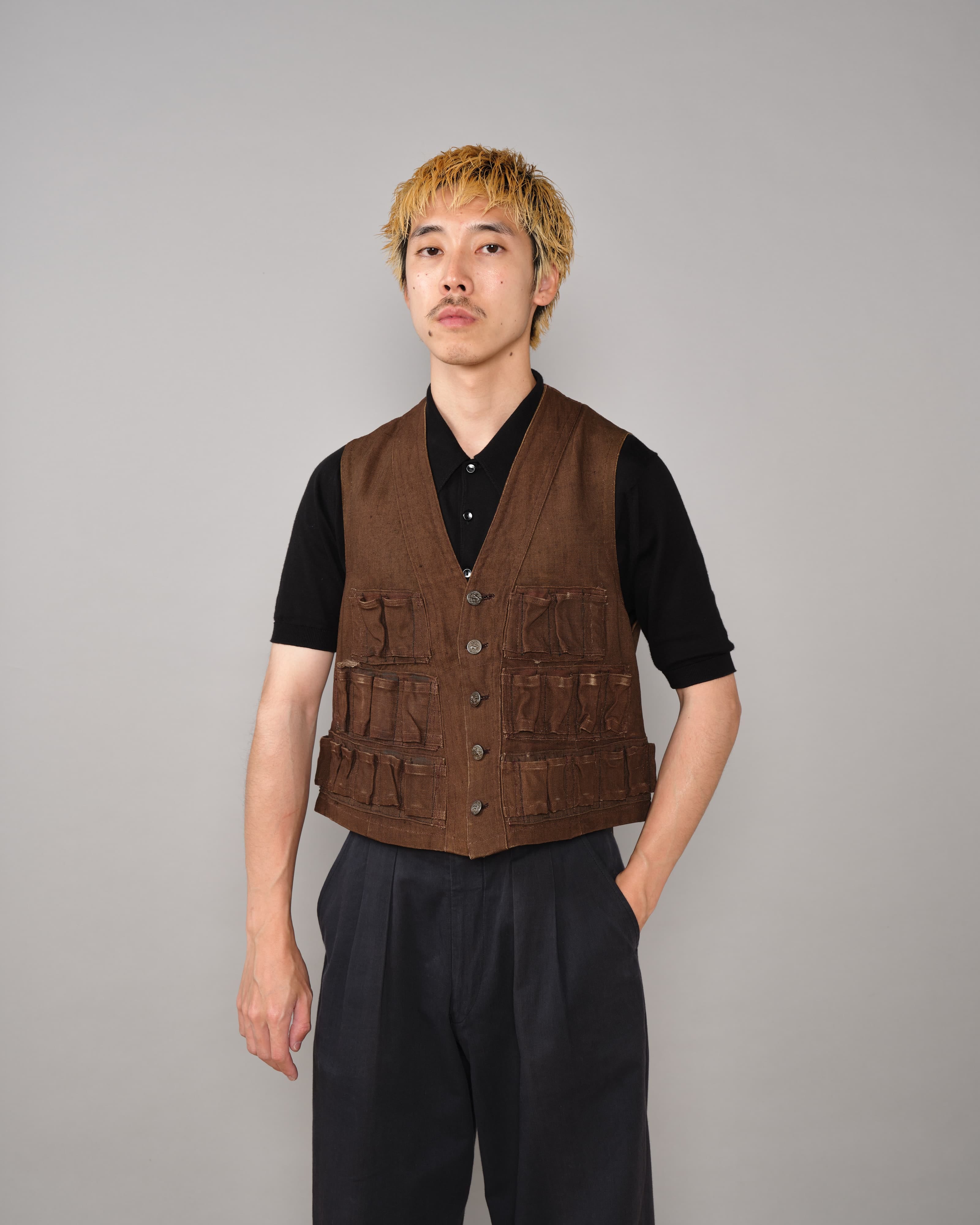 20's】French Vintage Brown Linen Hunting Gilet 