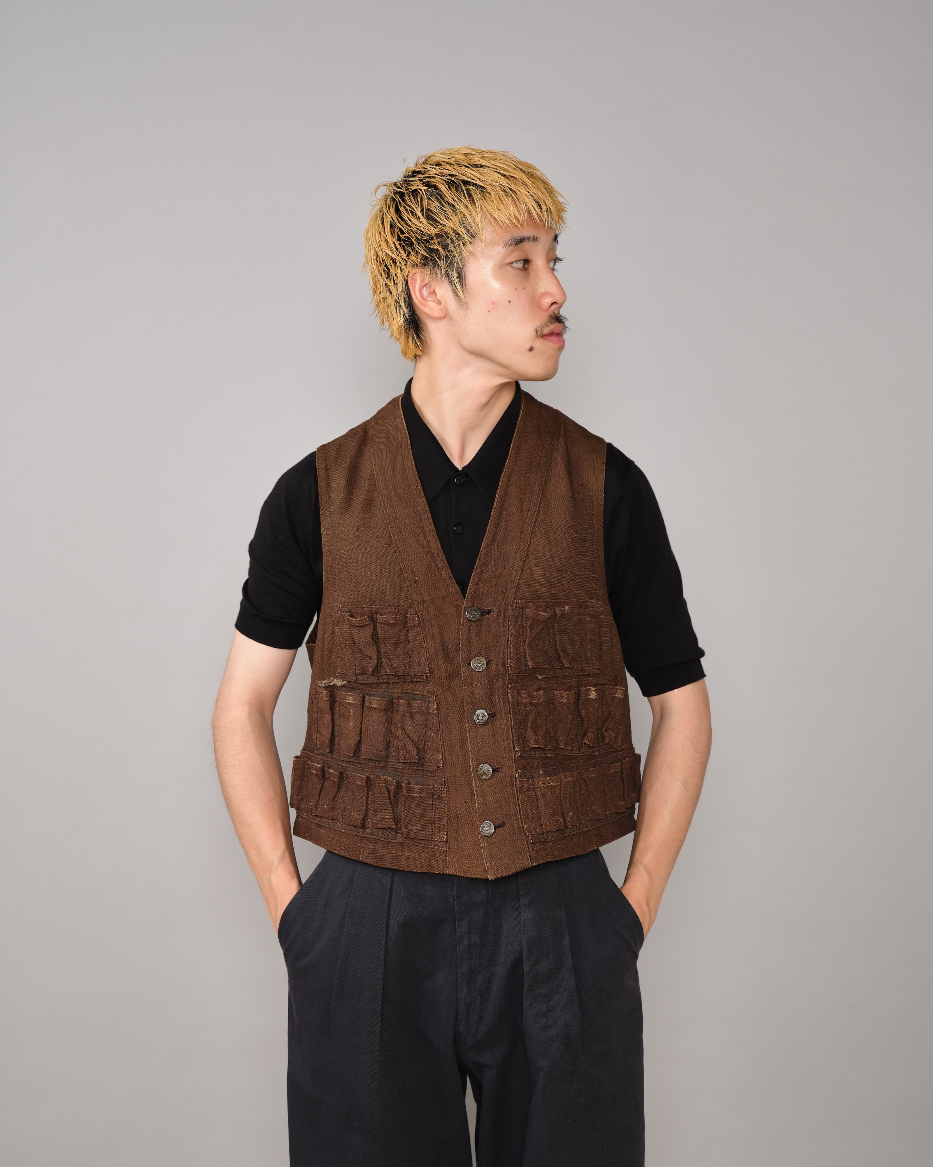 ~20s France gilet jacket ビンテージジレジャケット 20's] French Vintage Brown Linen Hunting Gilet 