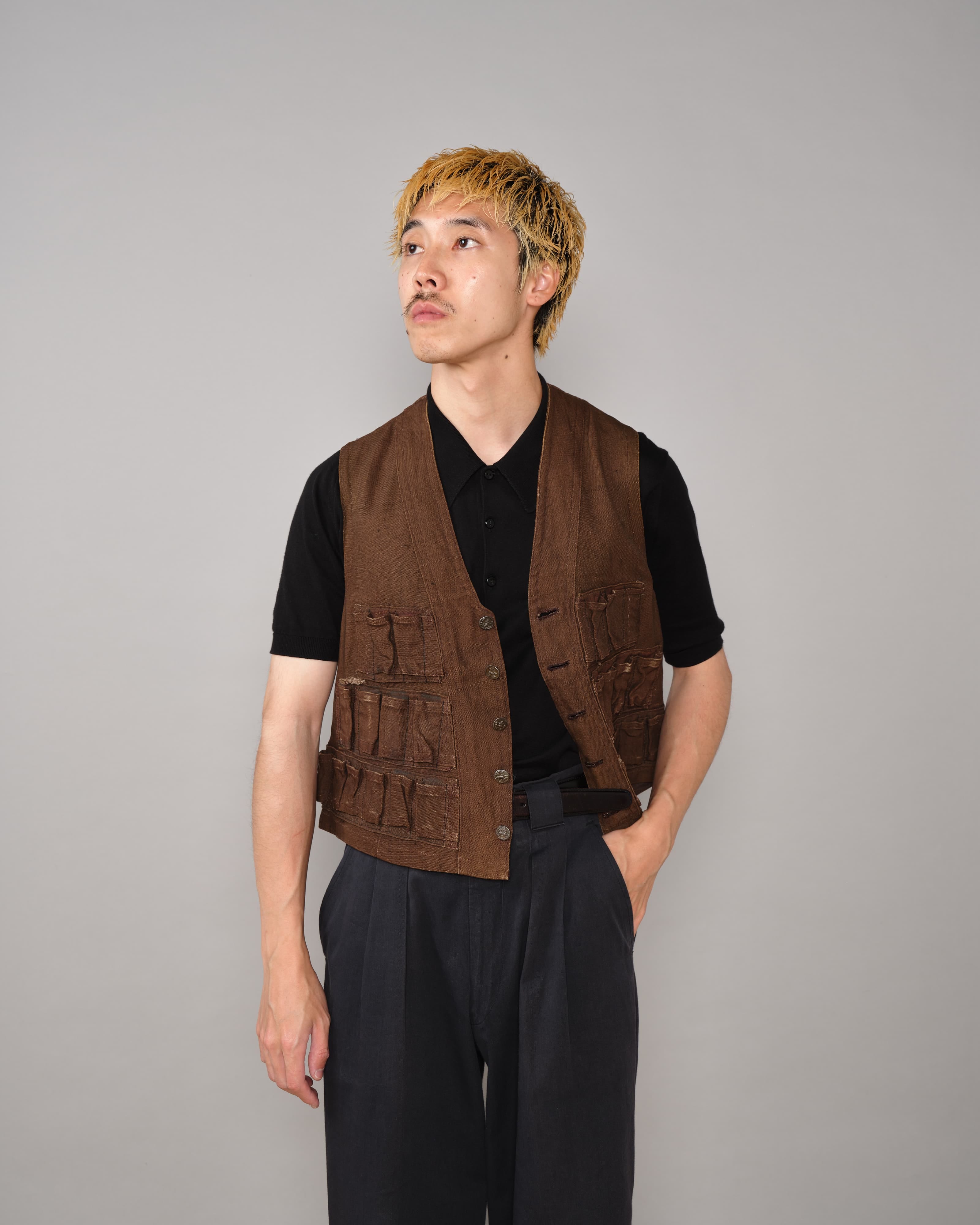 20's] French Vintage Brown Linen Hunting Gilet 