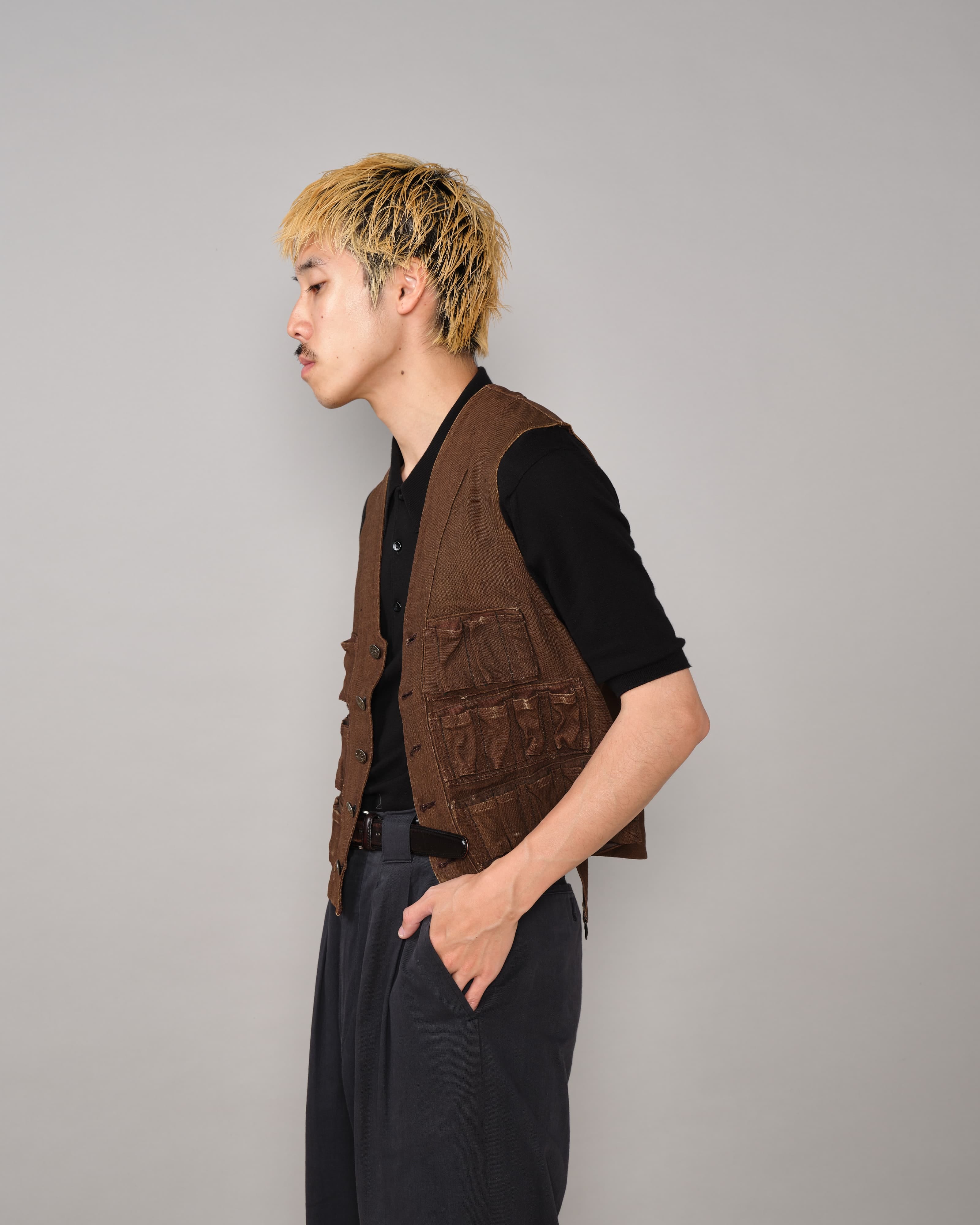 20's] French Vintage Brown Linen Hunting Gilet 