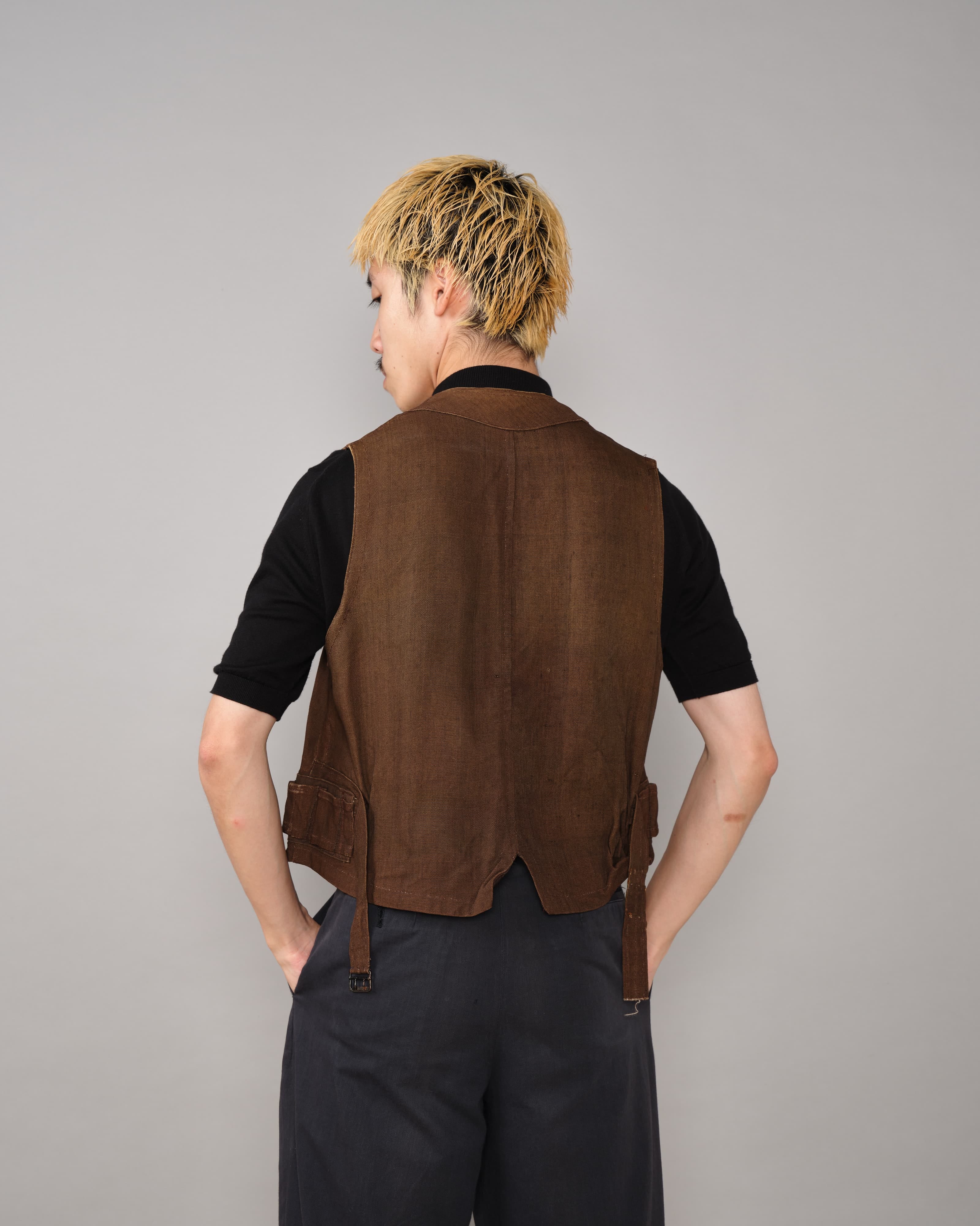 20's] French Vintage Brown Linen Hunting Gilet 