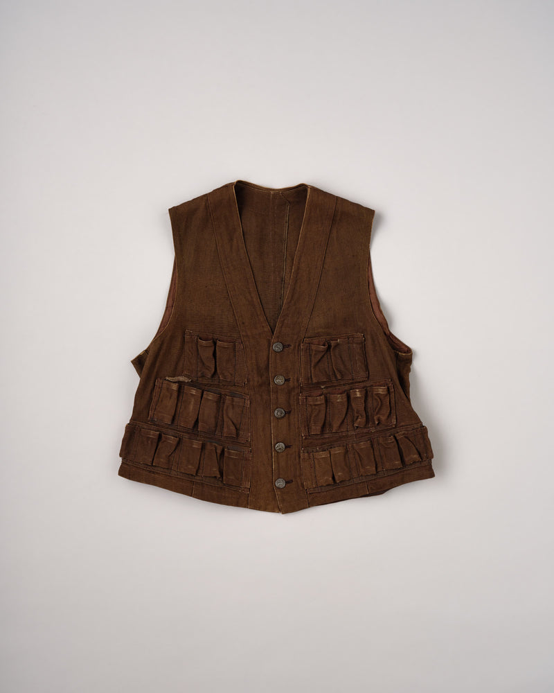【~20's】French Vintage Brown Linen Hunting Gilet "Unusual Type"