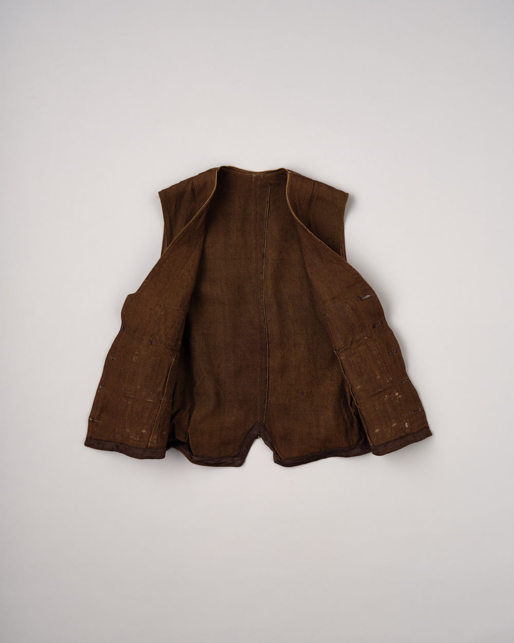 [~20's] French Vintage Brown Linen Hunting Gilet "Unusual Type"