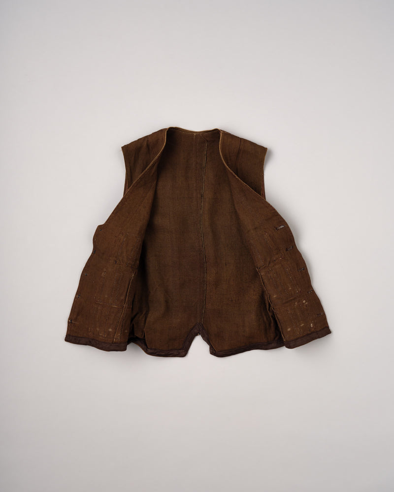 【~20's】French Vintage Brown Linen Hunting Gilet "Unusual Type"