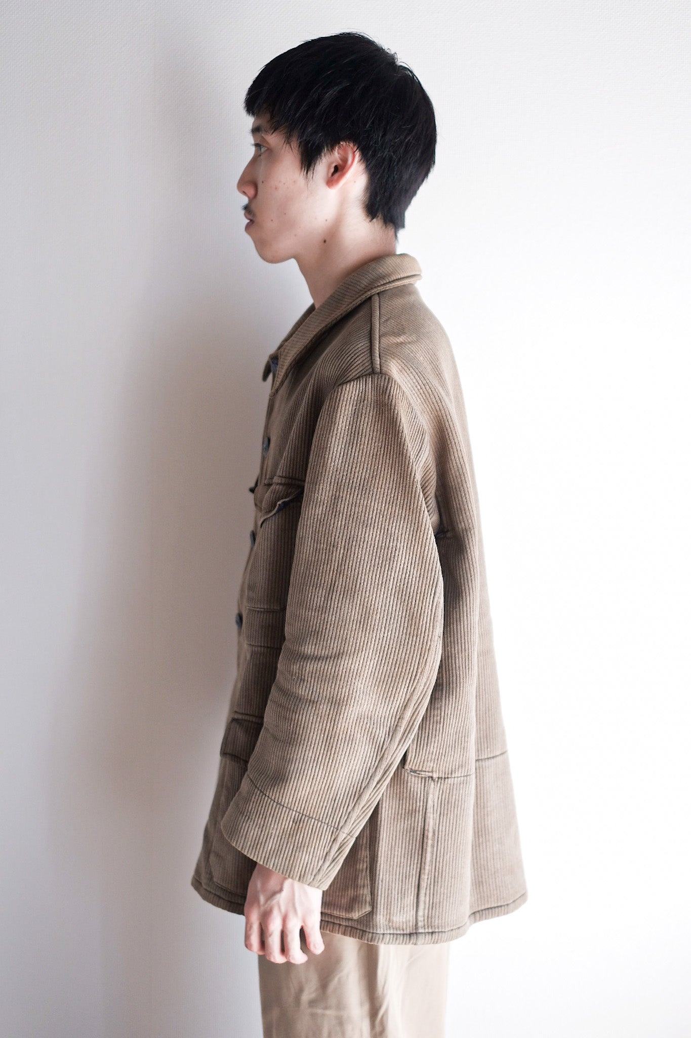 ［~40's］French Vintage Brown Cotton Pique Hunting Jacket With Chin Strap