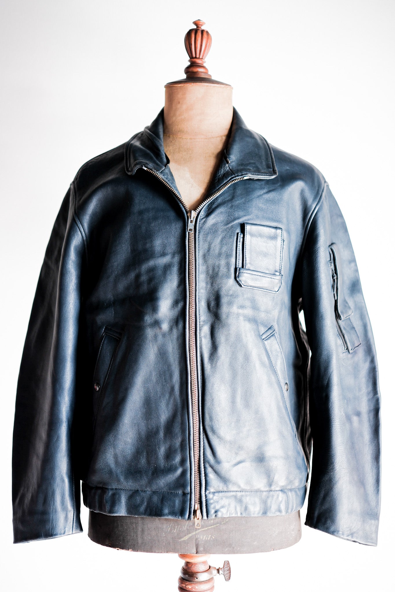 【~70's】French Air Force Pilot Leather Jacket With Chin Strap