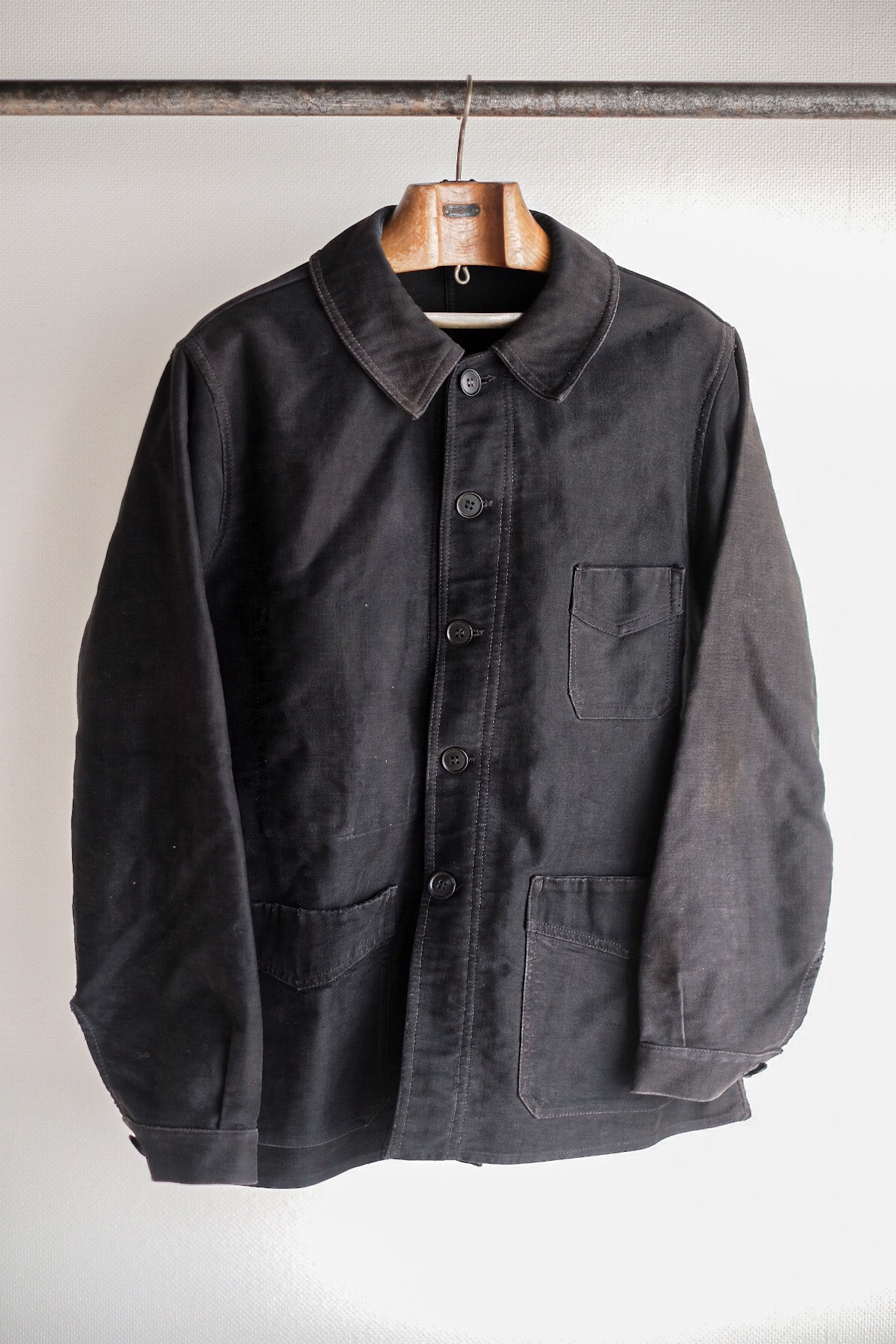 [~ 40's] Veste de travail de moleskin noires vintage française "Le Mont St. Michel"