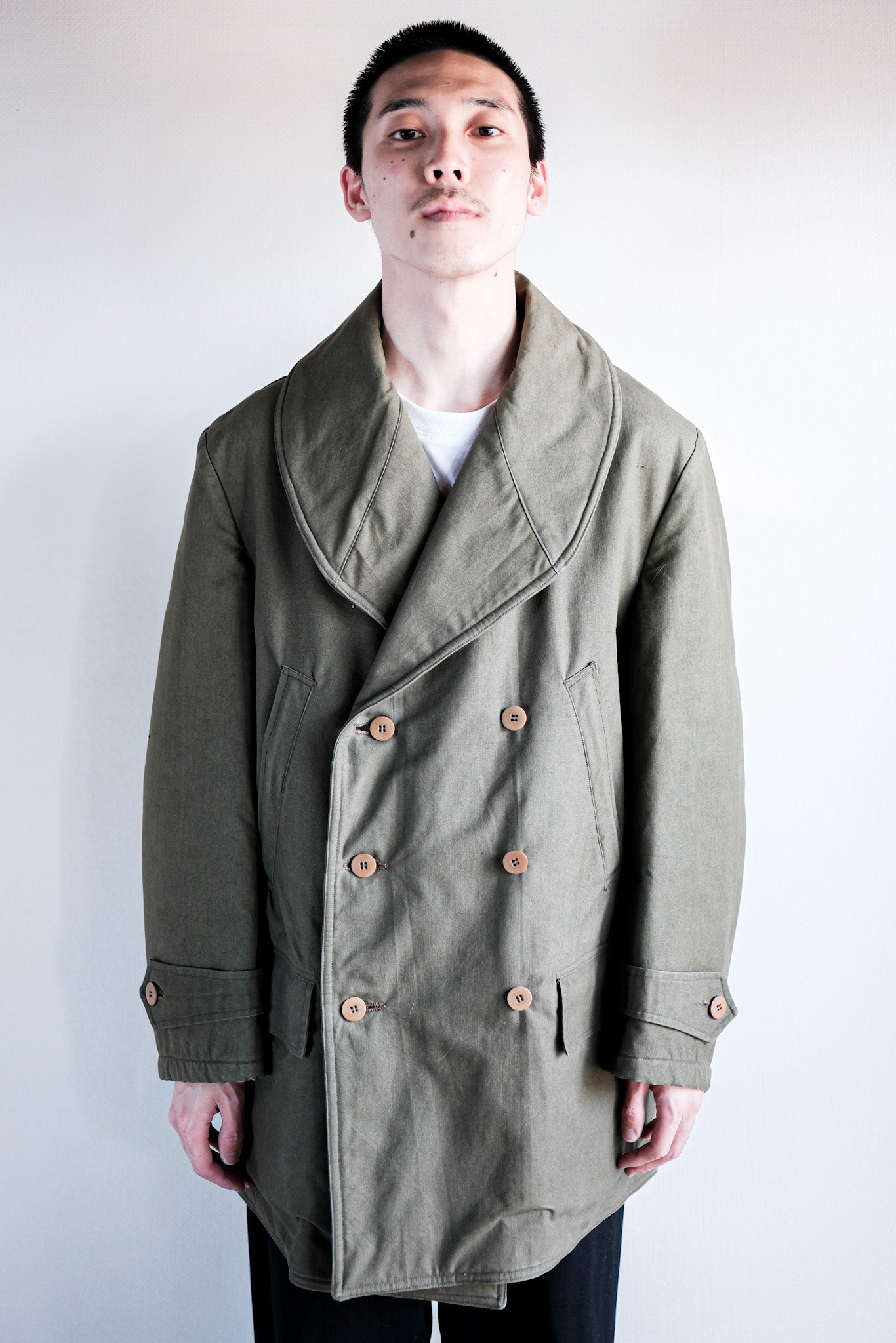 【~40's】French Vintage Shawl Collar Green Cotton Canvas Mackinaw Coat