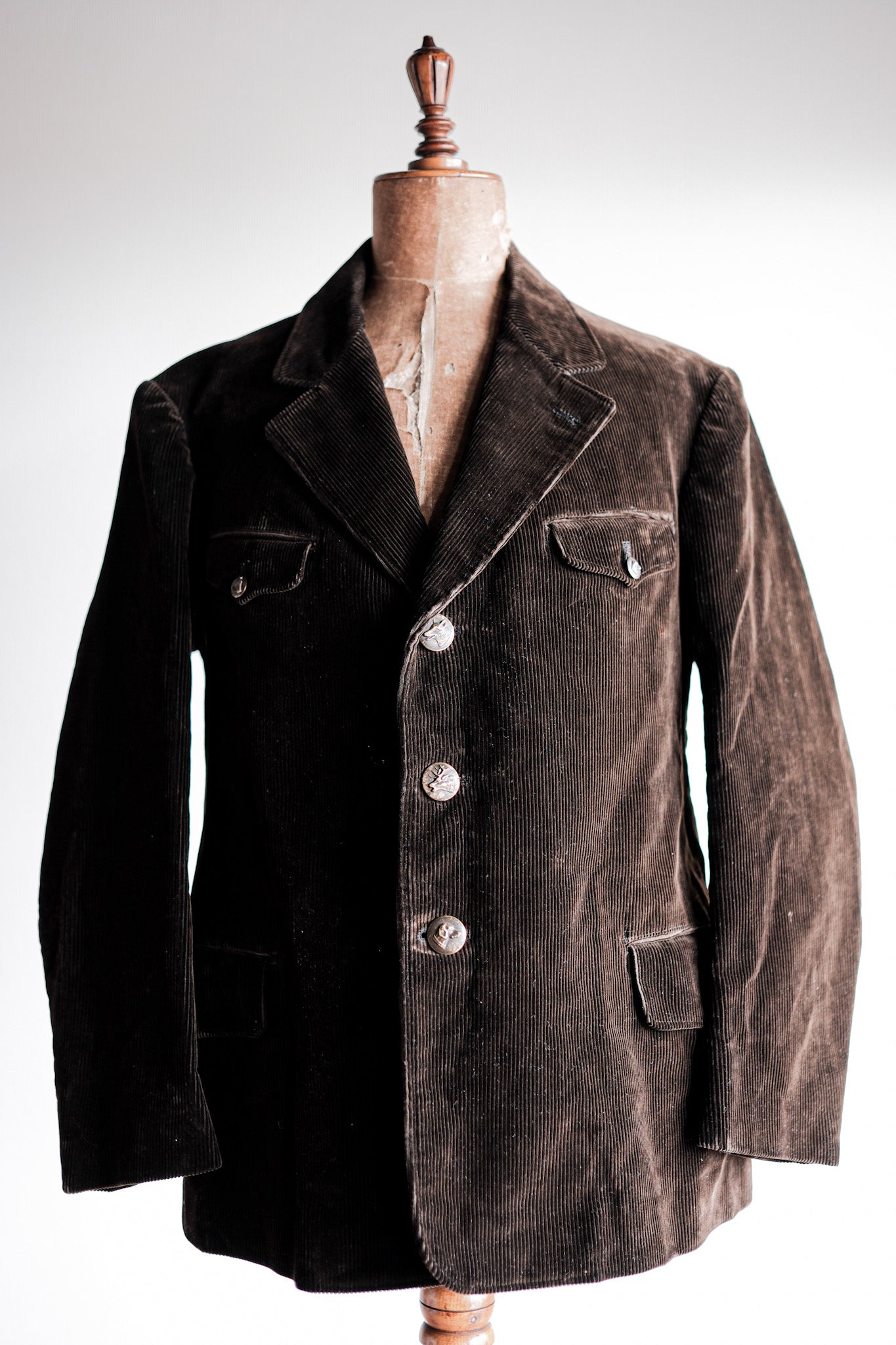 [~ 40's] French Vintage Dark Brown Corduroy Lapel Hunting Jacket "Dead Stock"