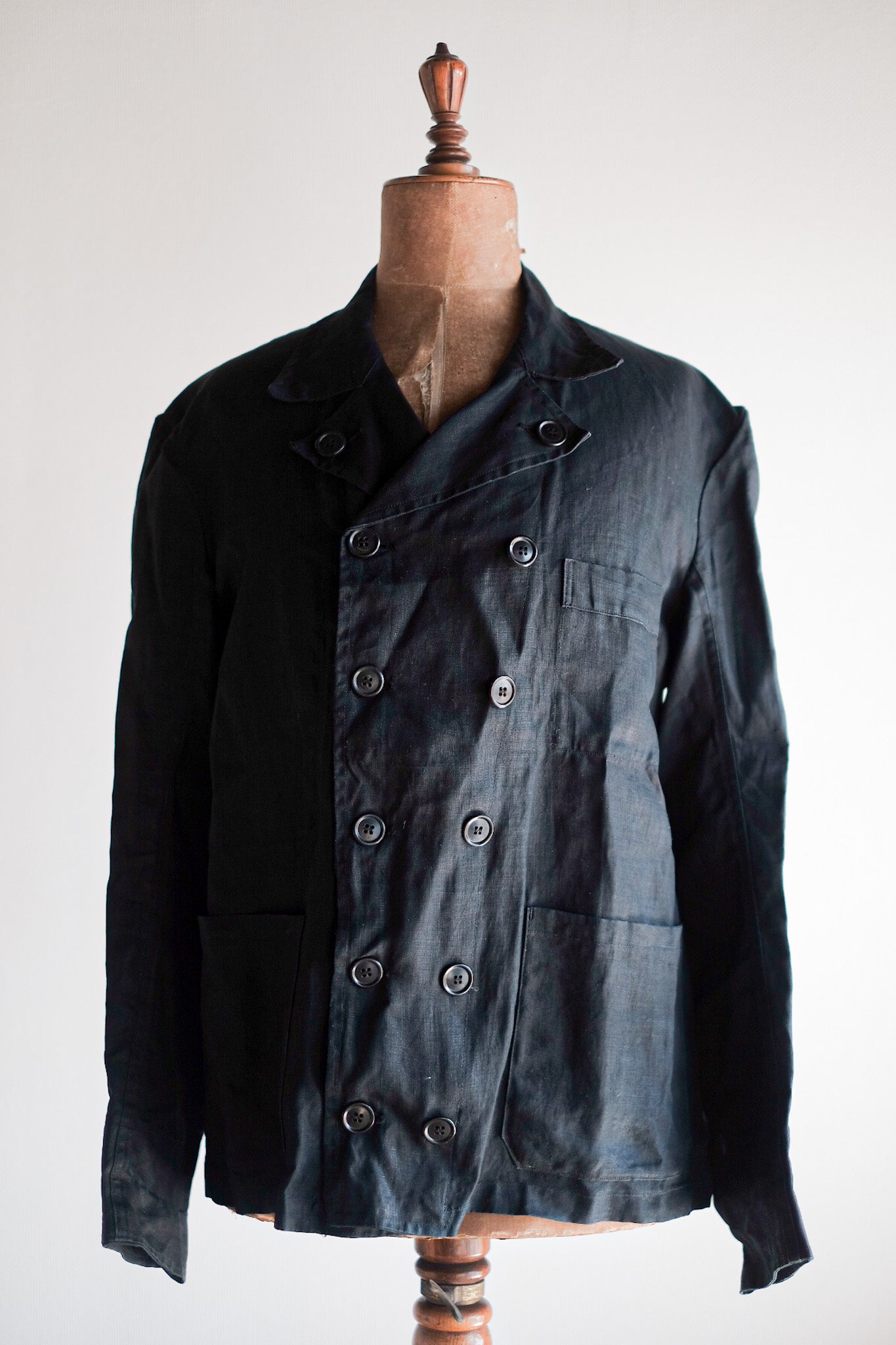 [~ 30 '] 프랑스 빈티지 블랙 인디고 리넨 더블 가슴 작업 재킷 "죽은 스톡"