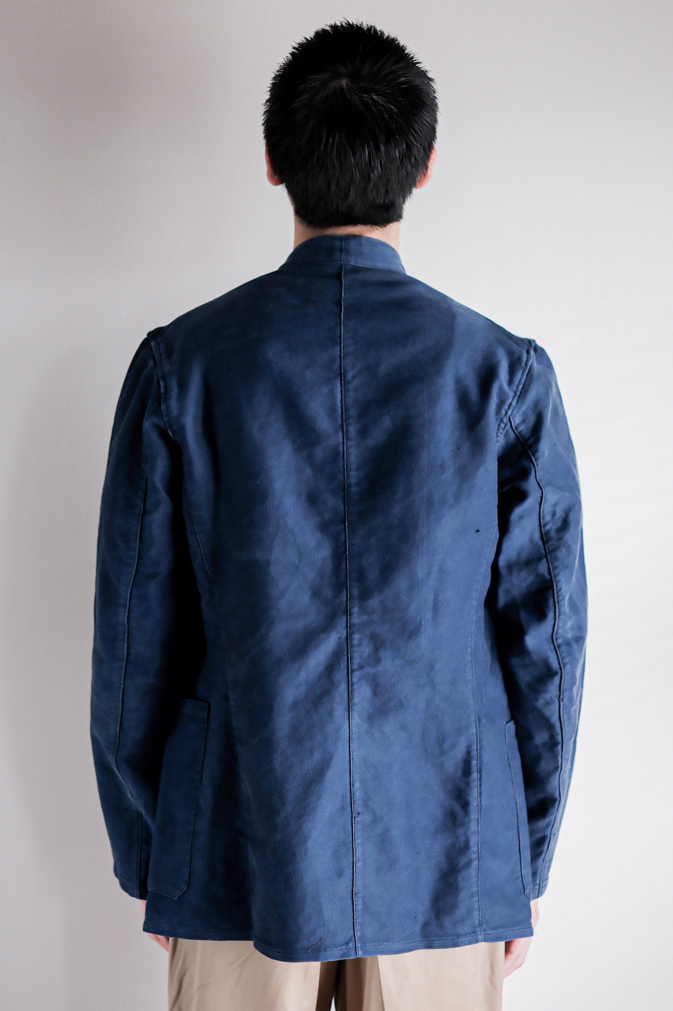 40's】French Vintage Blue Moleskin Stand Collar Work Jacket