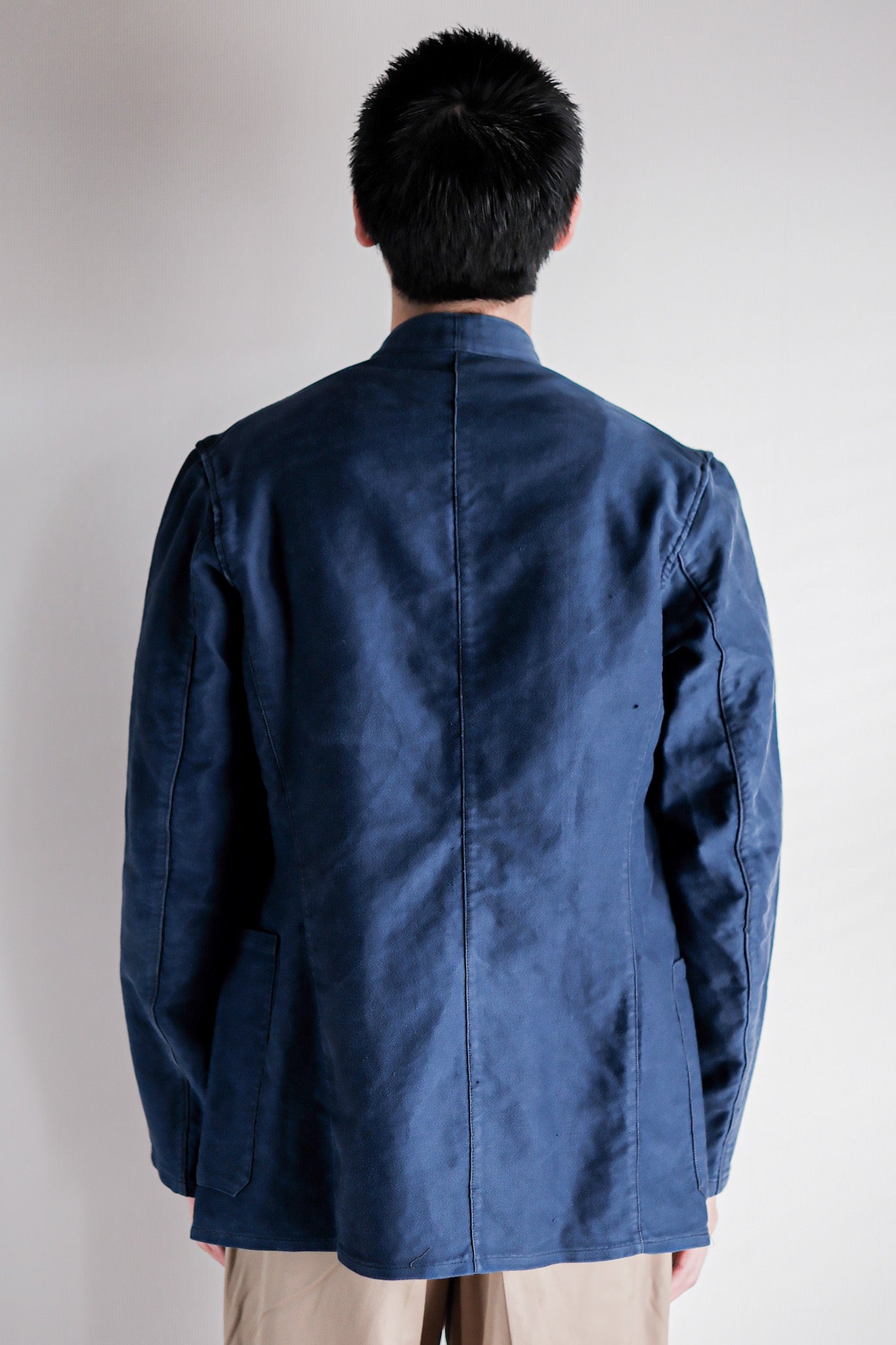 [~ 40's] French Vintage Blue Moleskin Stand Collar Work Jacket