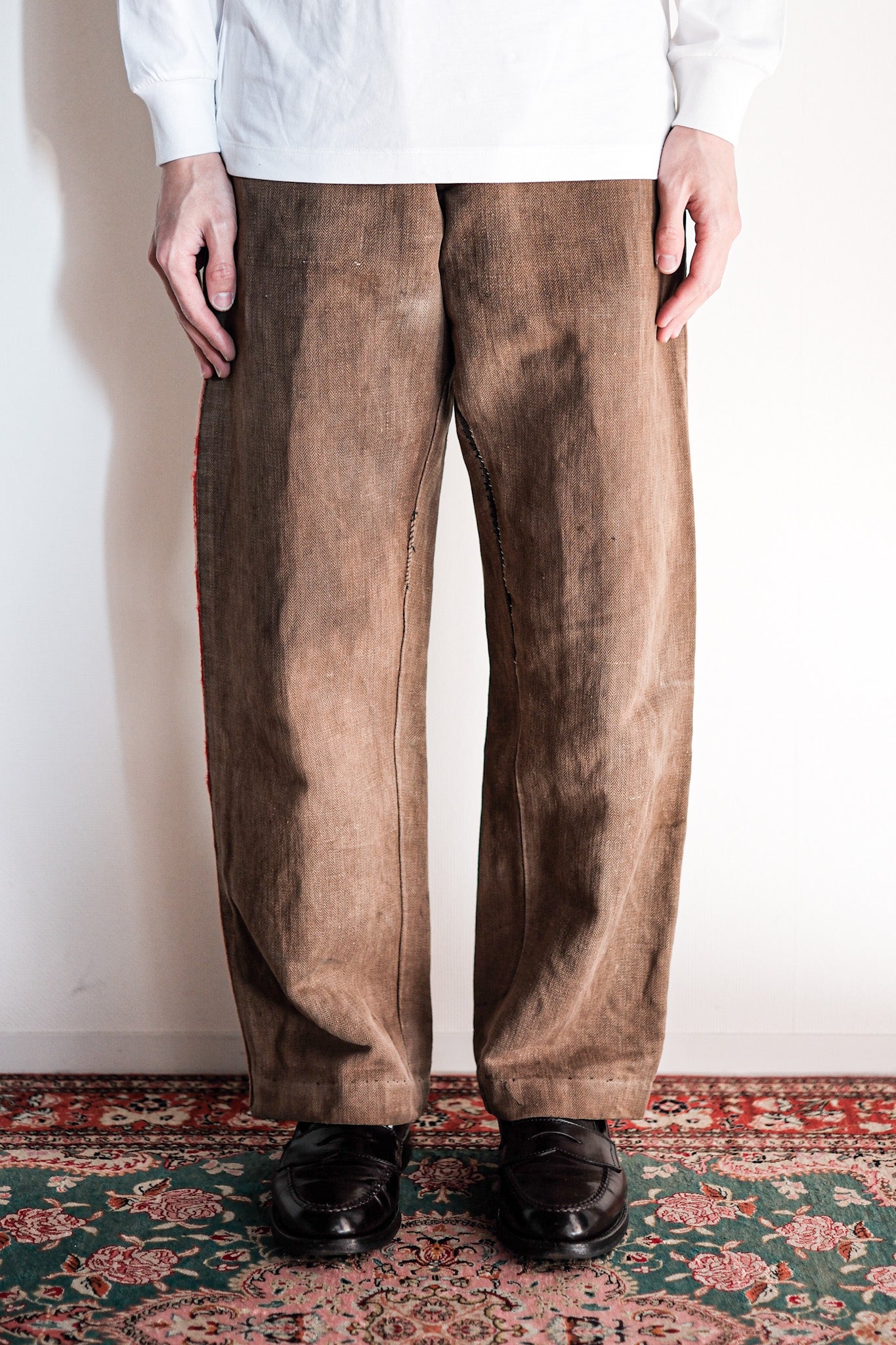 ［Late 19th C］French Antique Brown HBT Linen Firefighter Trousers