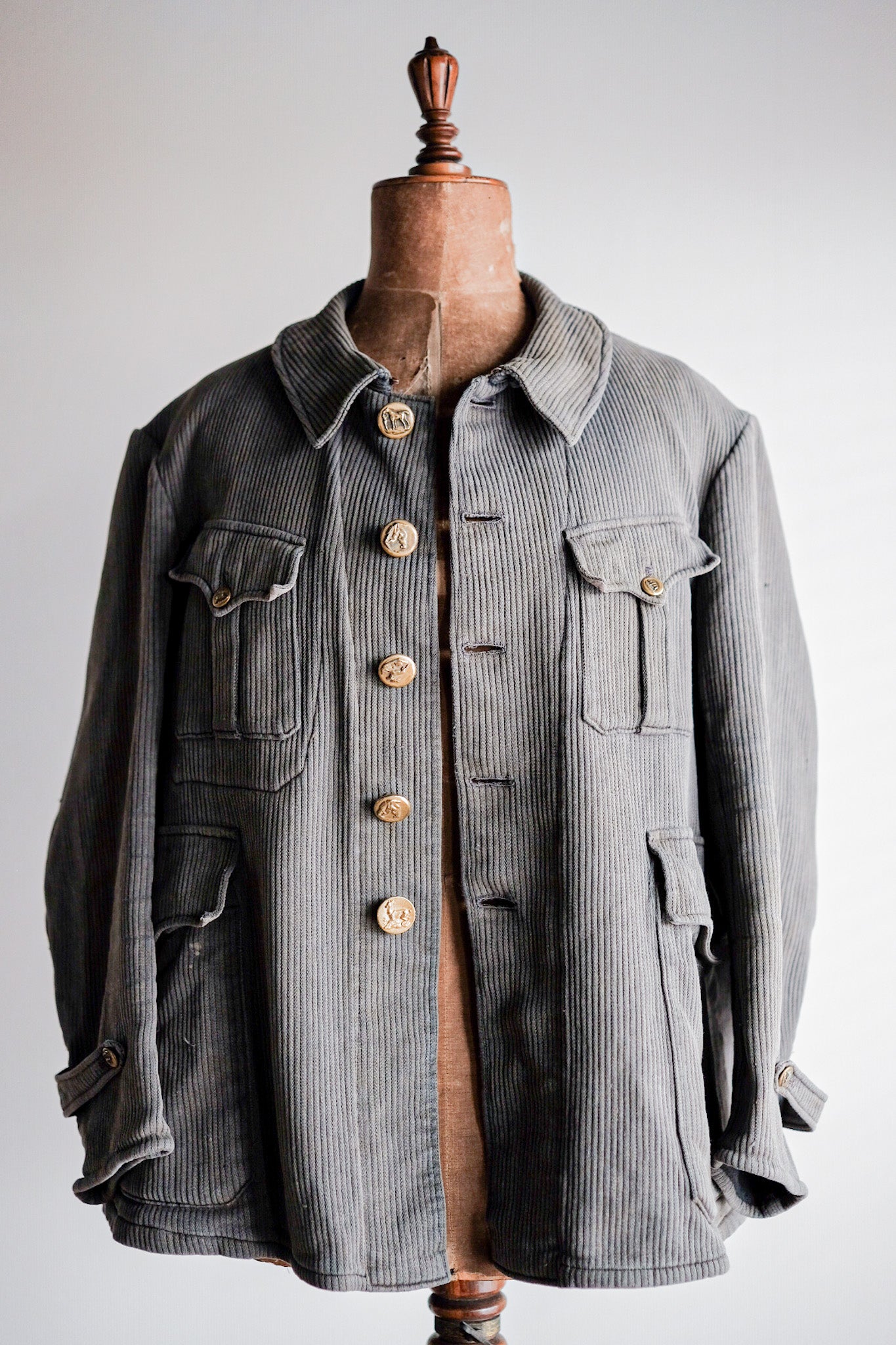 【~30's】French Vintage Gray Cotton Pique Hunting Jacket With Chin Strap