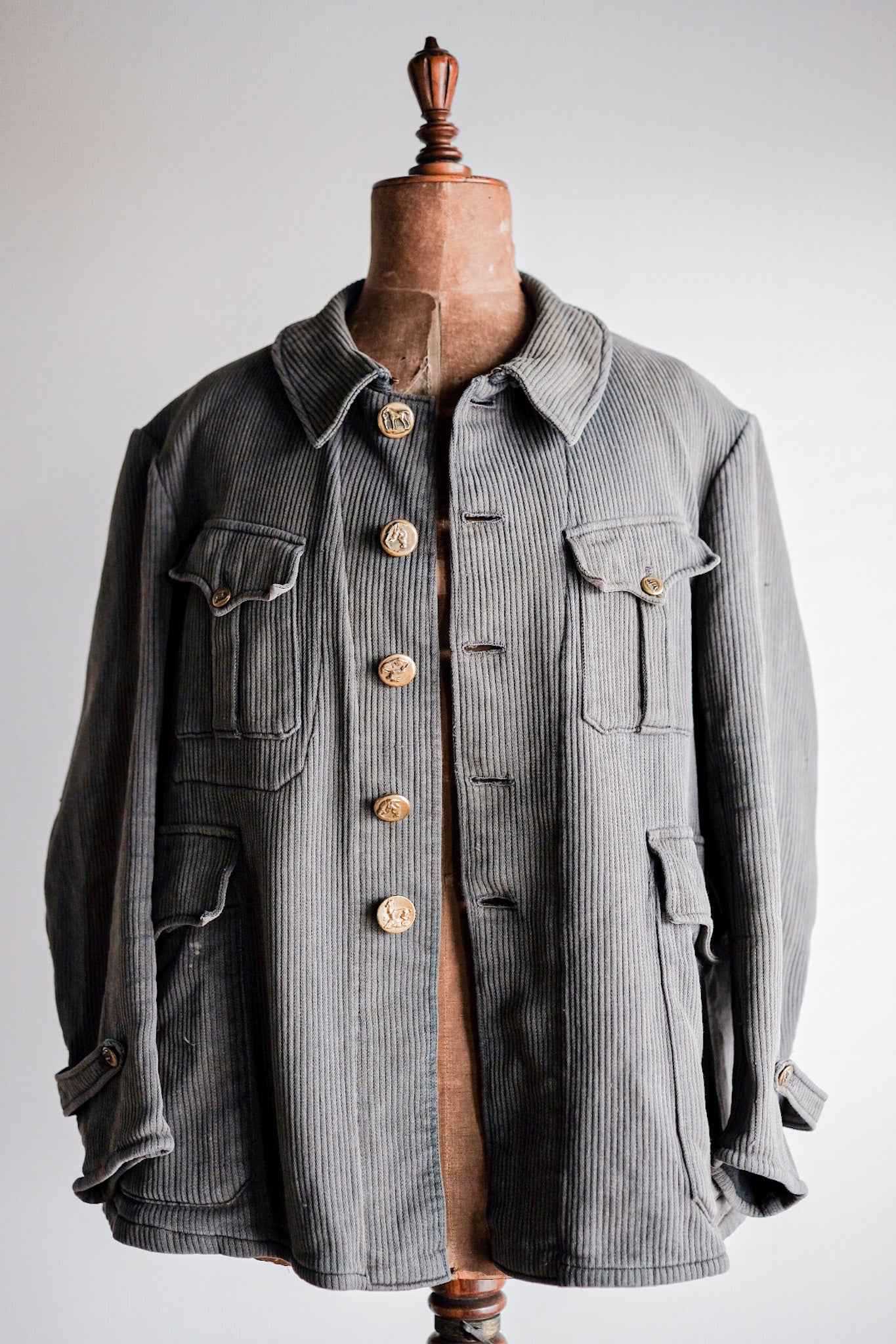 ［~30's］French Vintage Gray Cotton Pique Hunting Jacket With Chin Strap