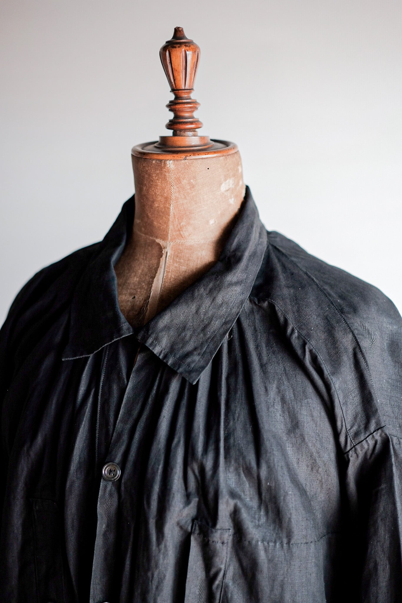 ［Early 20th C］French Antique Black Indigo Linen Smock Open Type "Biaude" "Dead Stock"