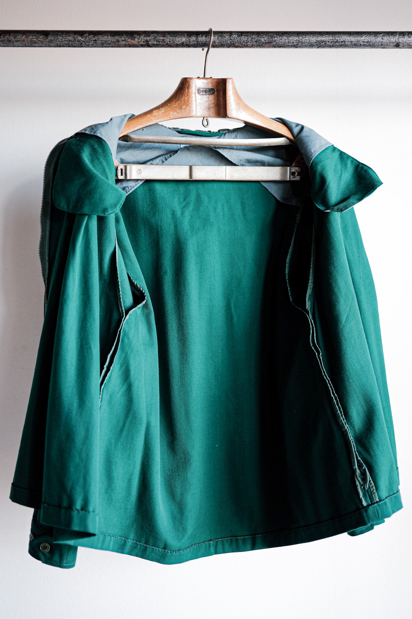 [〜50年代]法國復古綠色羊毛人造絲連帽夾克“死股”