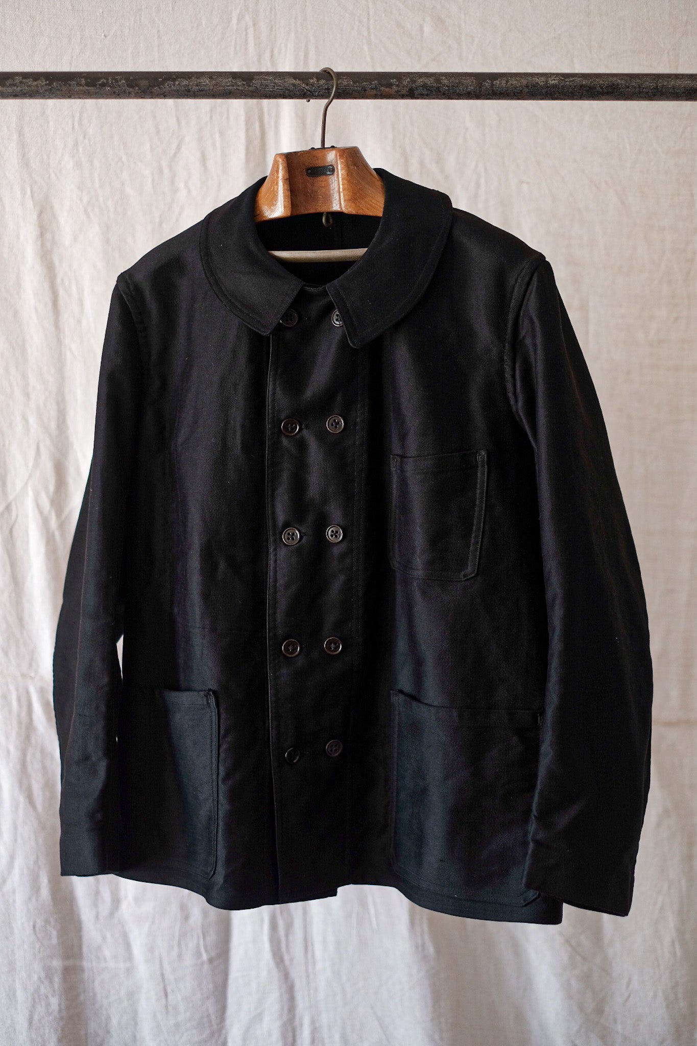 [~ 30's] French Vintage Double Breasted Black Moleskin Work Jacket