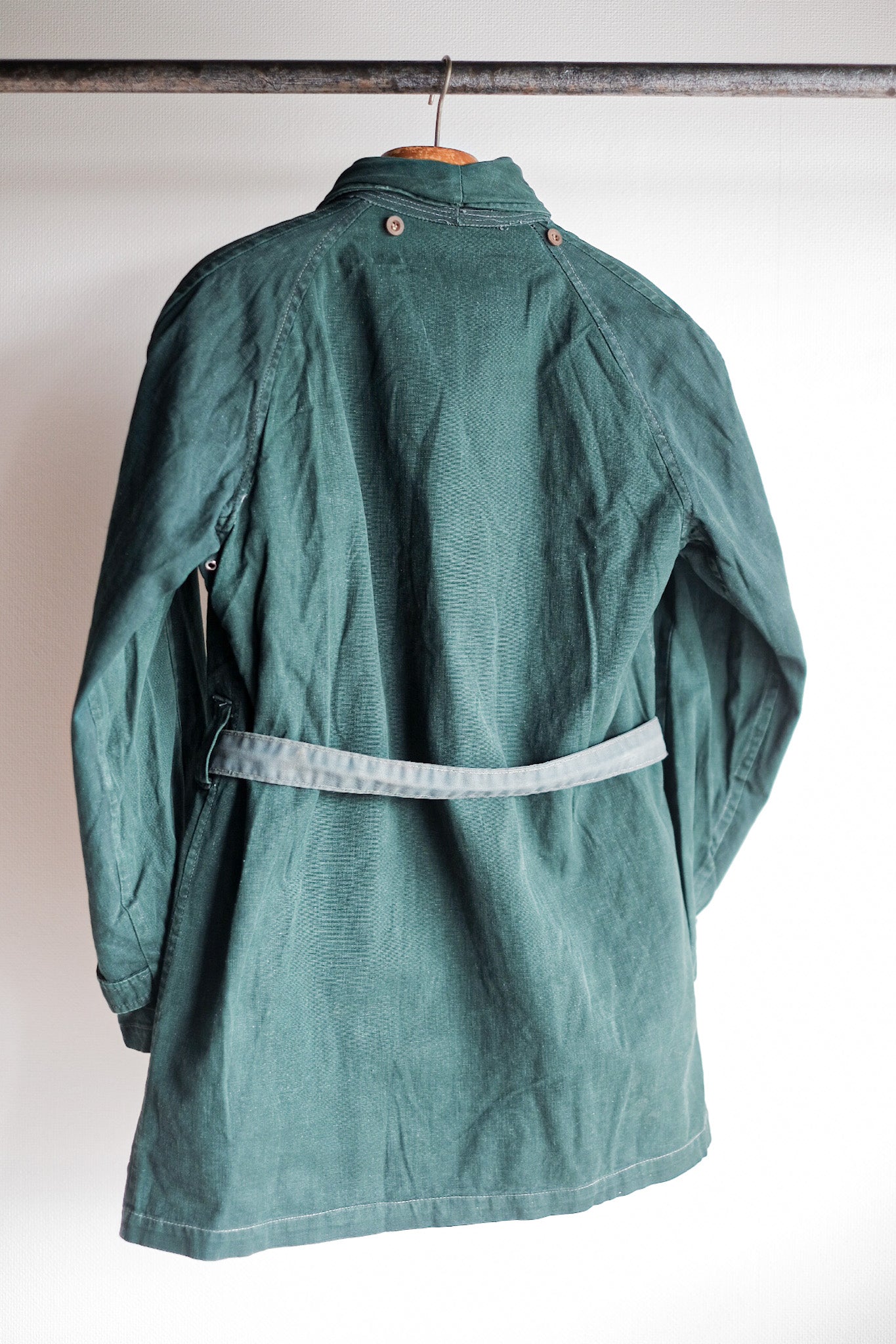 [~ 40 '] 프랑스 군대 더블 가슴 그린 리넨 캔버스 재킷