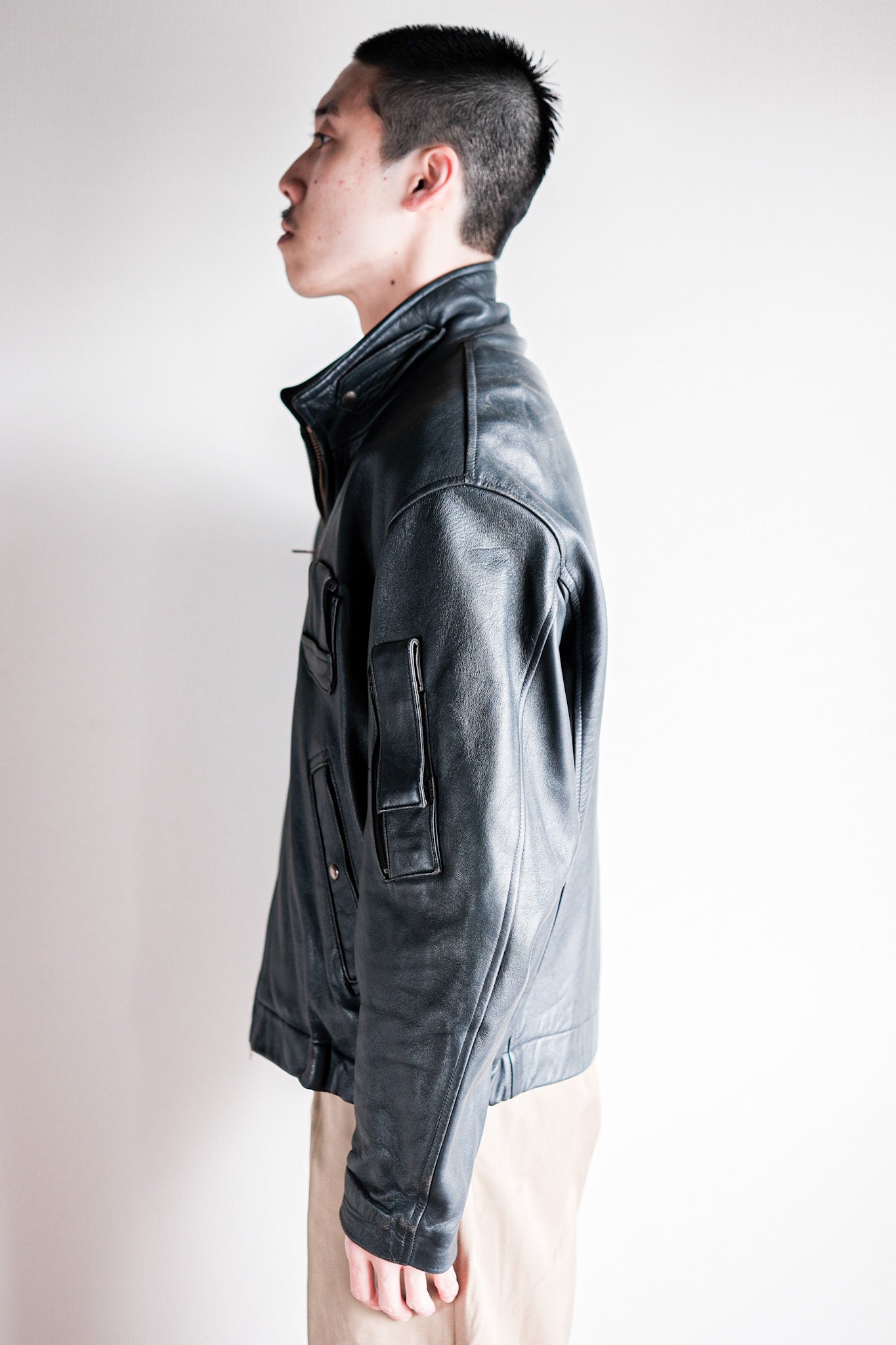 【~70's】French Air Force Pilot Leather Jacket With Chin Strap Size.96M